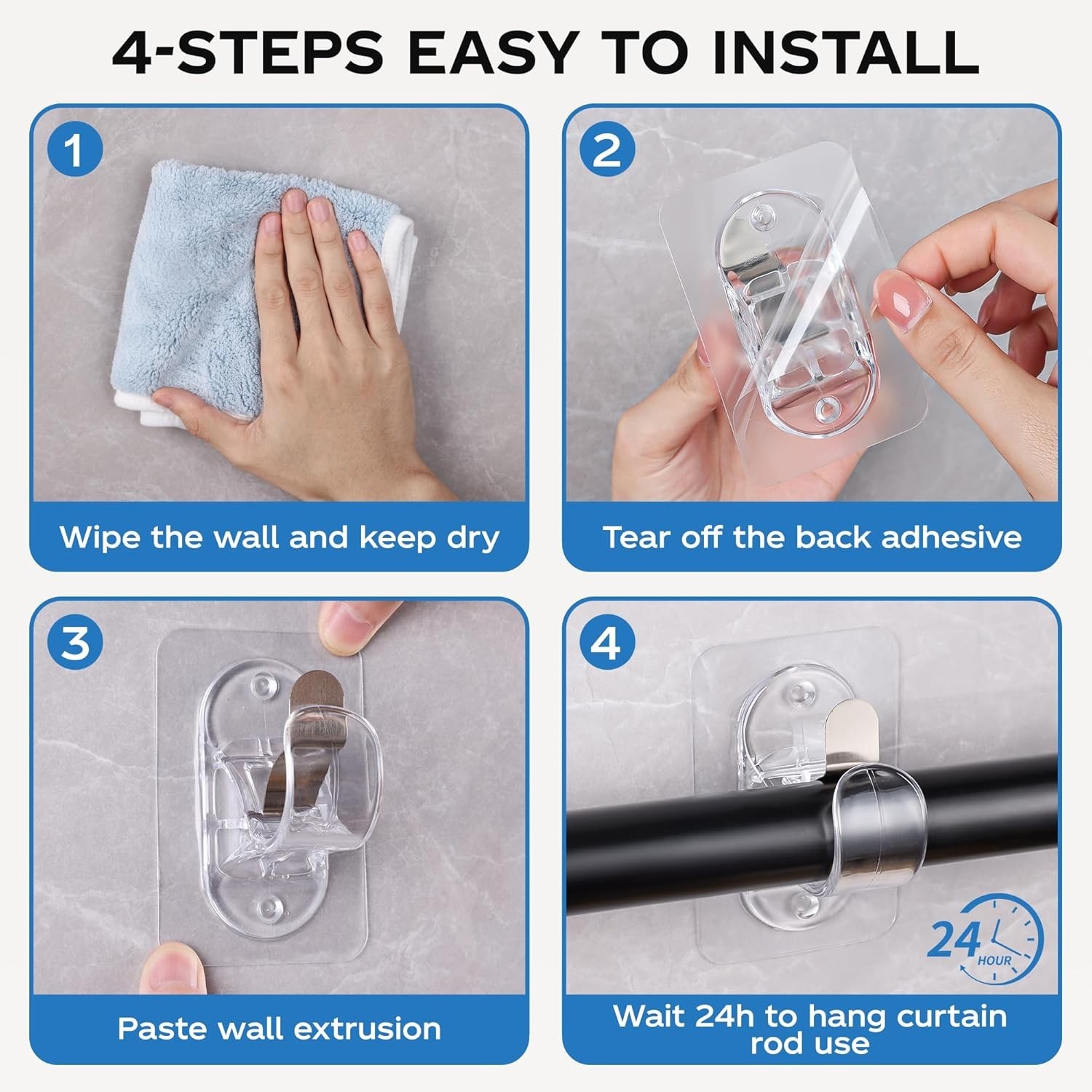 No Drill Curtain Rod Brackets 8 Pack Heavy Duty Self Adhesive Hooks for 0.5 t…