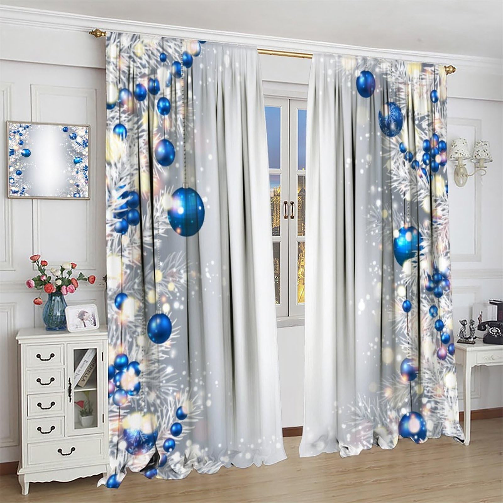 Blue Christmas Ball Curtains, Happy New Year Silver Fir Branches Winter Xmas …
