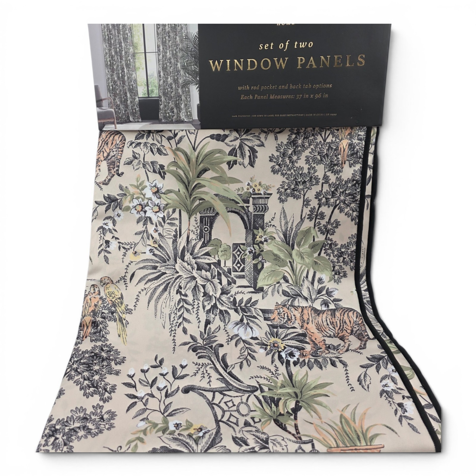 Envogue Home Jungle Toile Curtains Set of 2 37×96 Tiger Botanical NEW
