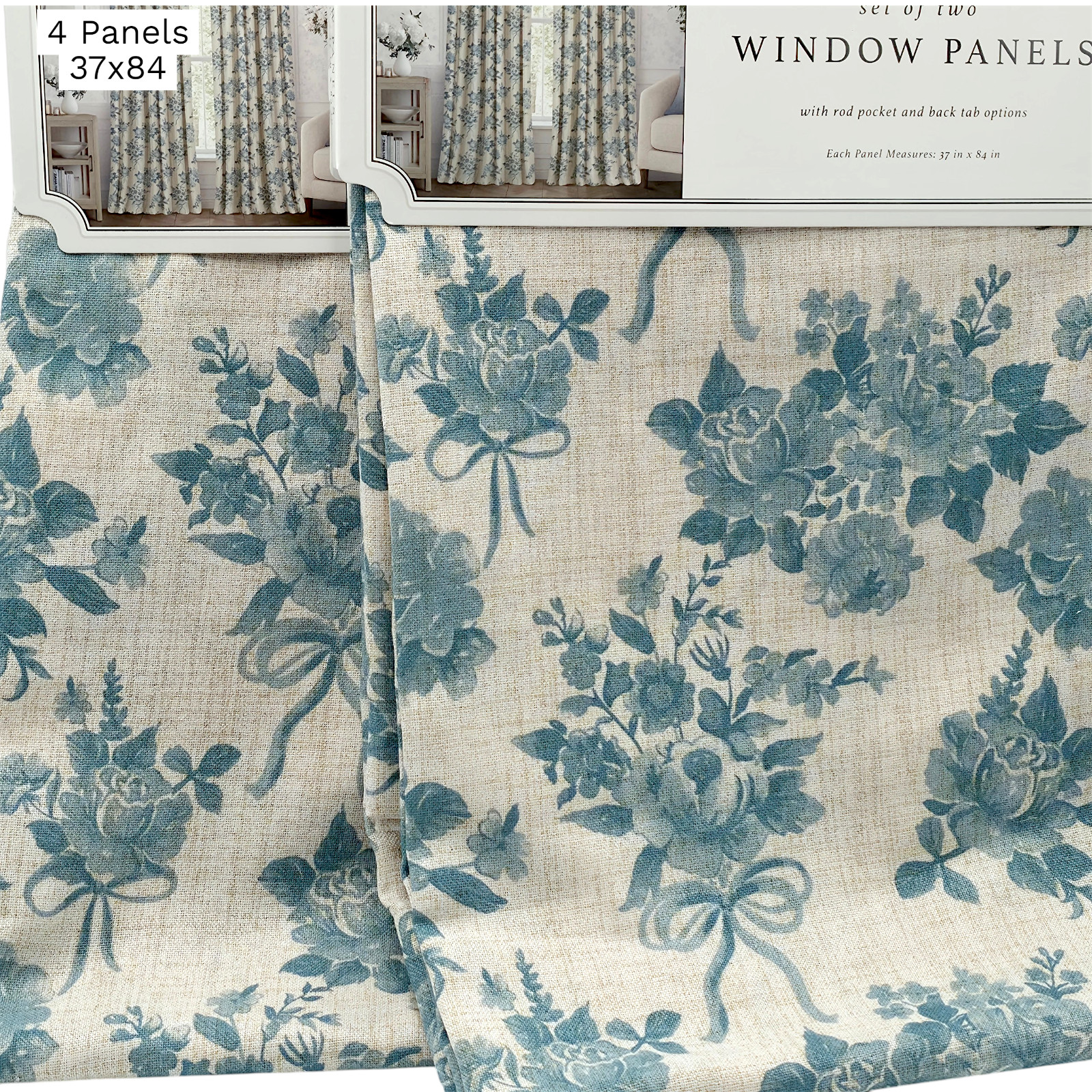 Floral Farmhouse Drapes Envogue Blue Linen Look Curtain Panels 37×84 Set of 4