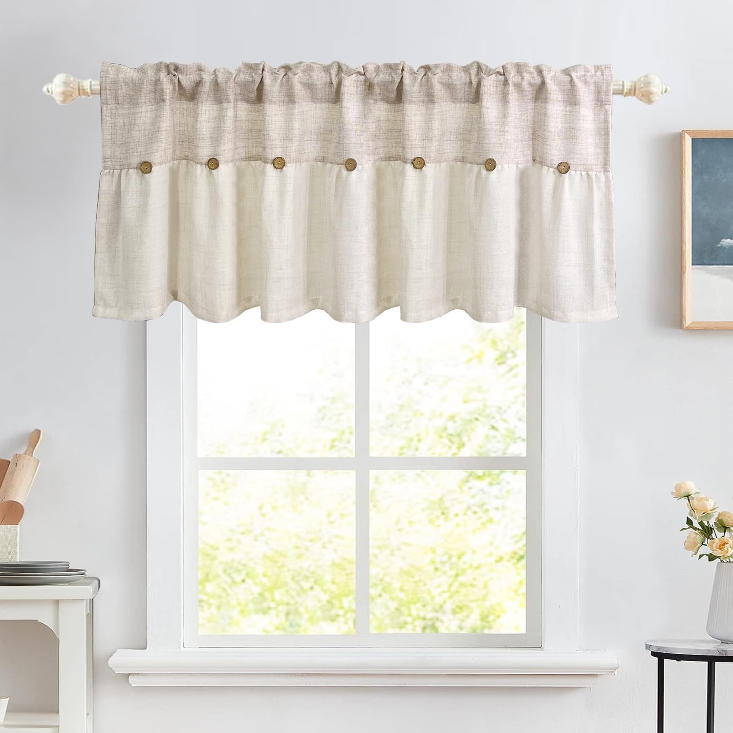 Farmhouse Boho Linen Button Valance for Kitchen Window Dining Room Rustic Caf…
