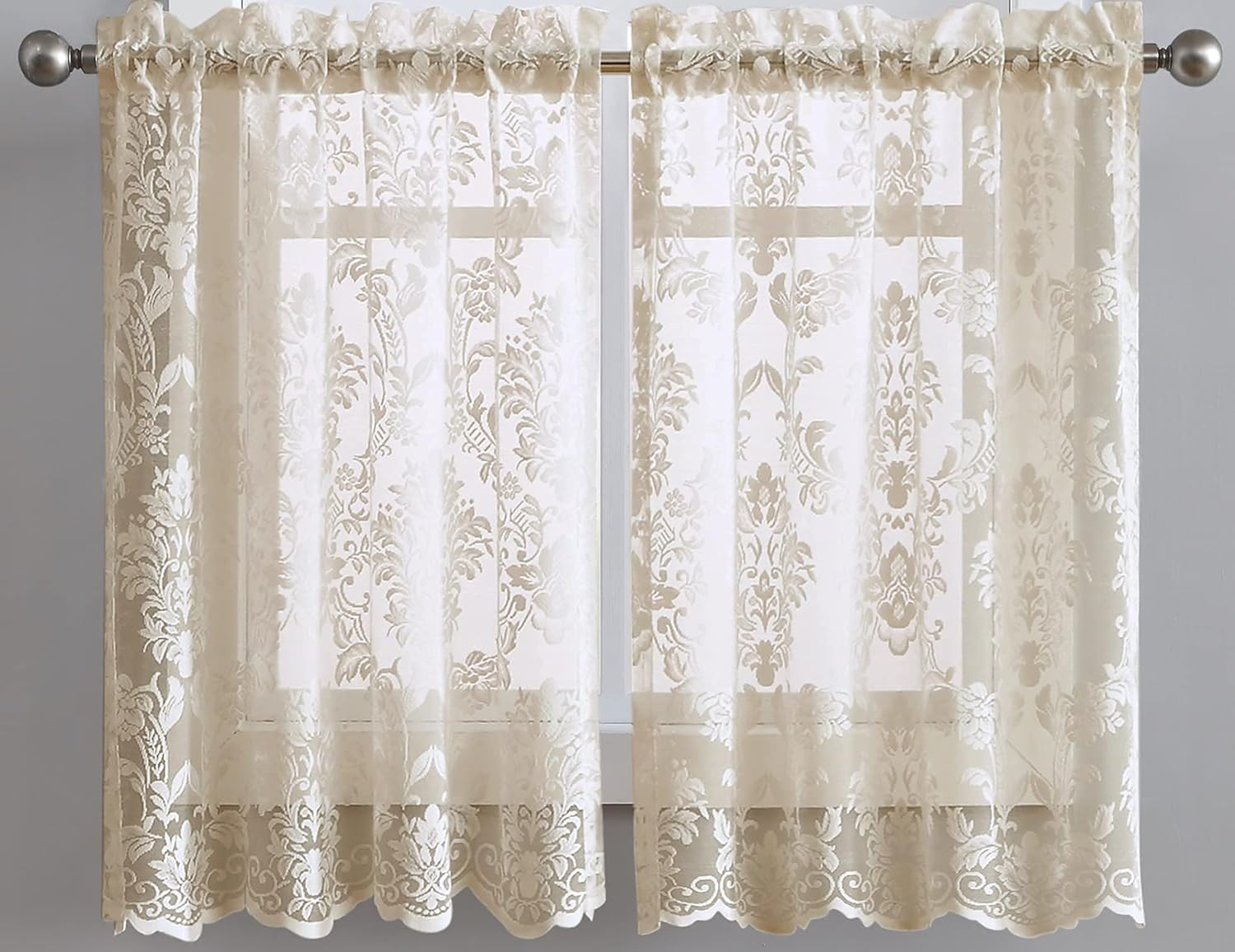 Pair of 30 Inches Wide X 36 Inches Long Gold Linen Knitted Lace Kitchen Tier Cur