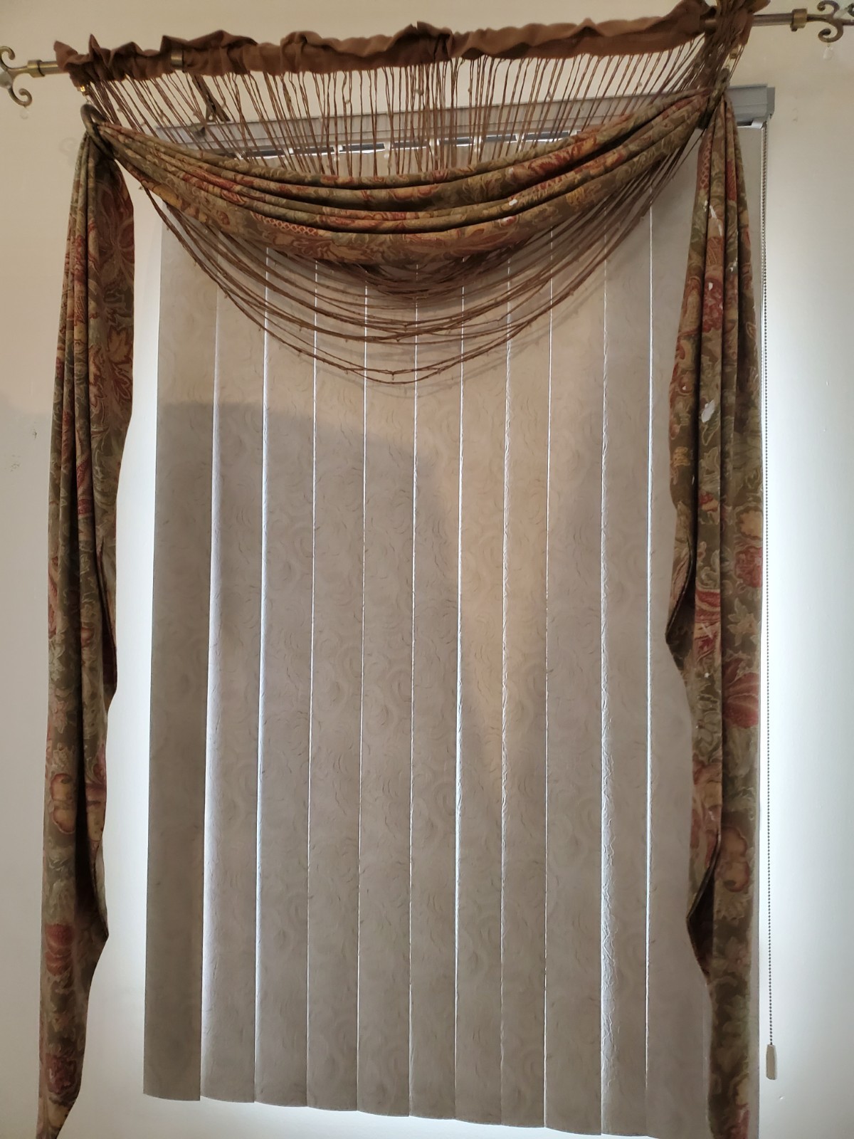 TWO (2) CUSTOM MADE 72″ L X 25″ W JACOBEAN MUTED MULTI-COLOR LONG SCARF VALANCES
