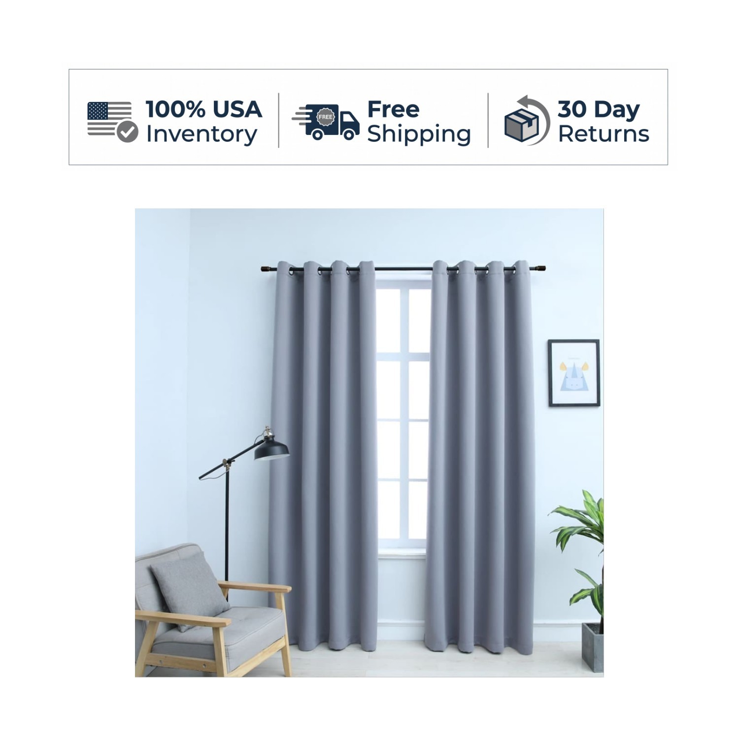 Blackout Curtains 2 Pcs Gray Fabric 54×63 with Rings