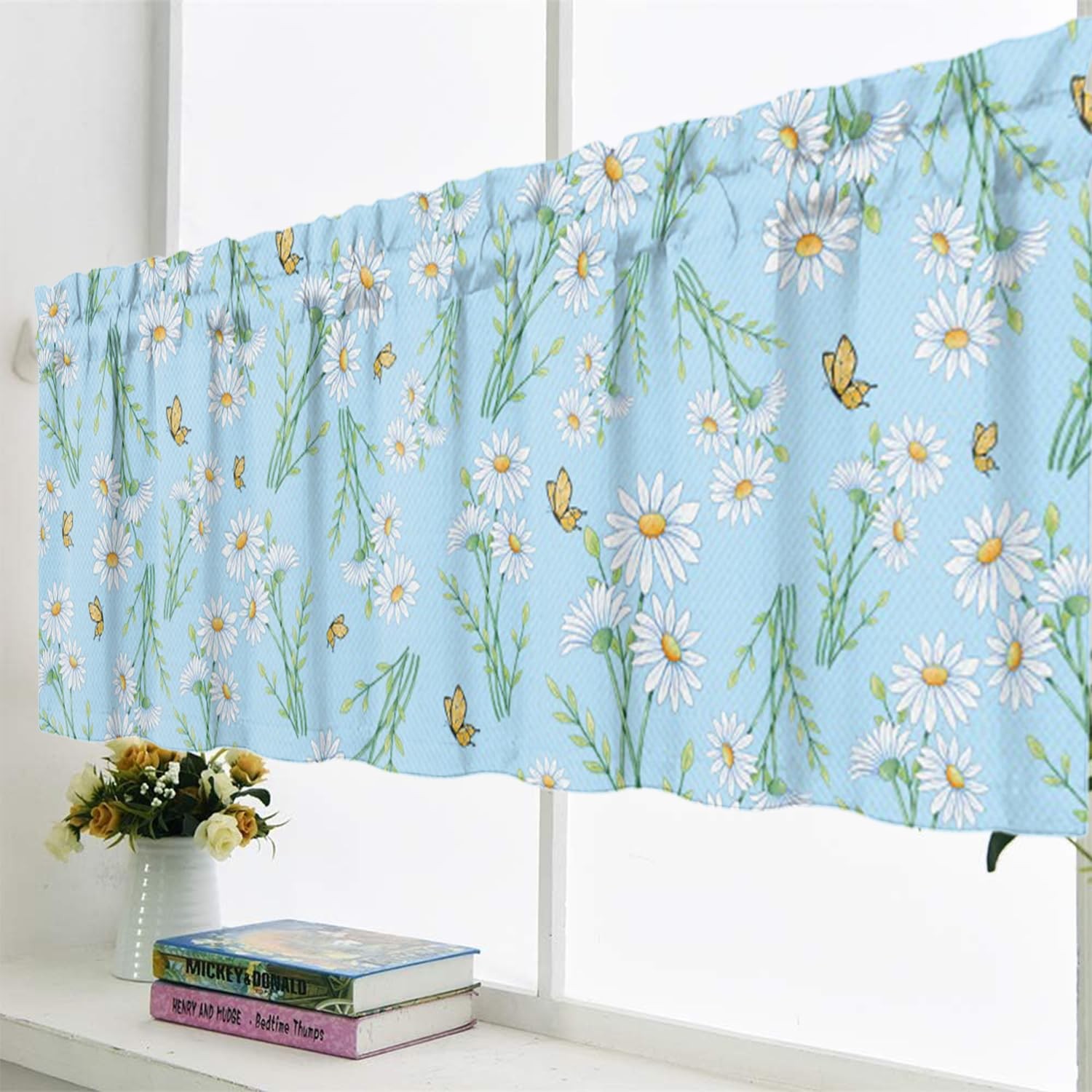 Blue Curtain Valance for Windows Watercolor Daisy Flowers Butterflies Window …