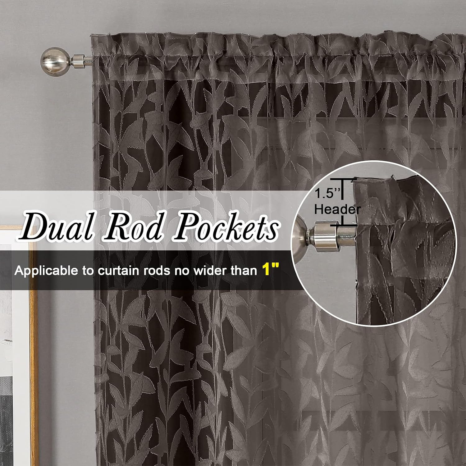 Leia 2 PCS Chocolate Brown Sheer Kitchen Curtains 36 Inch Length, Breathable Cli