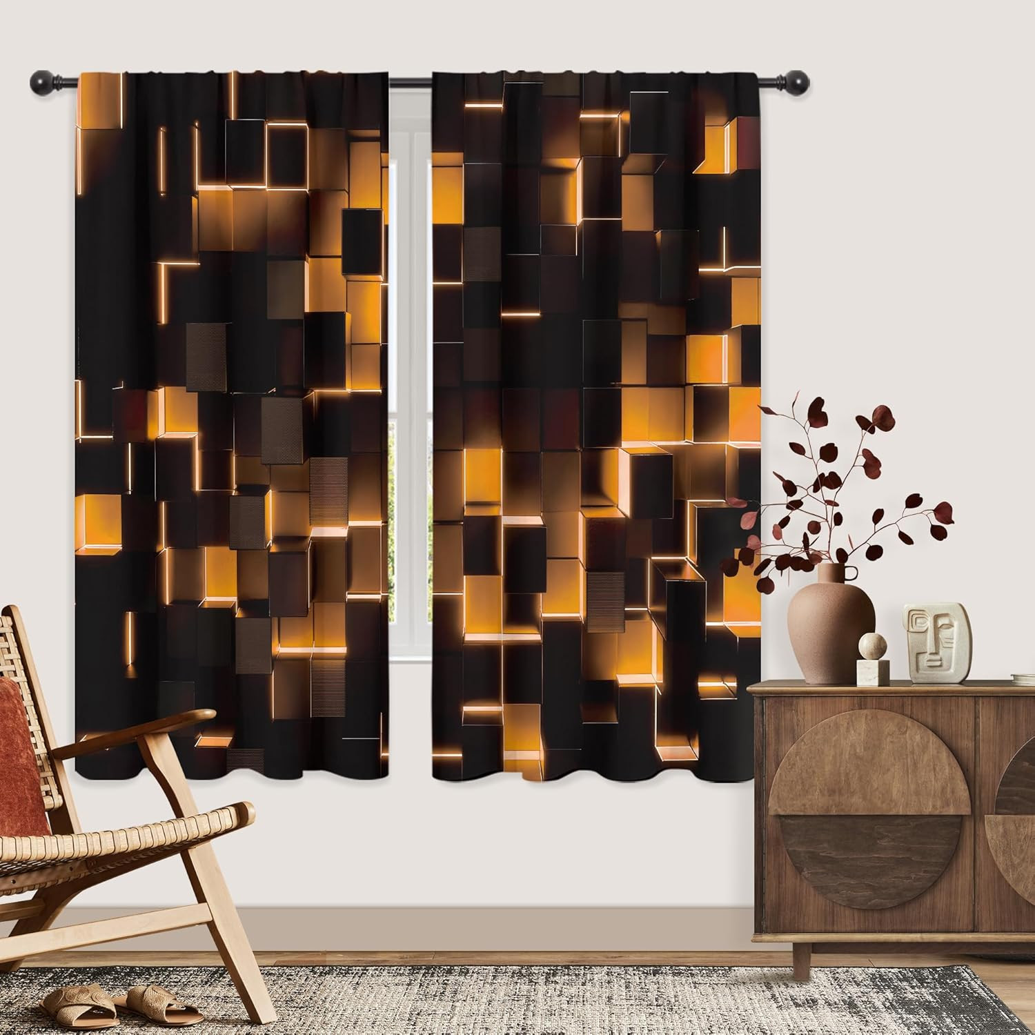 Black Burnt Orange Curtains Abstract 3D Brick Wall Cubes Geometric Cool Rod Poc