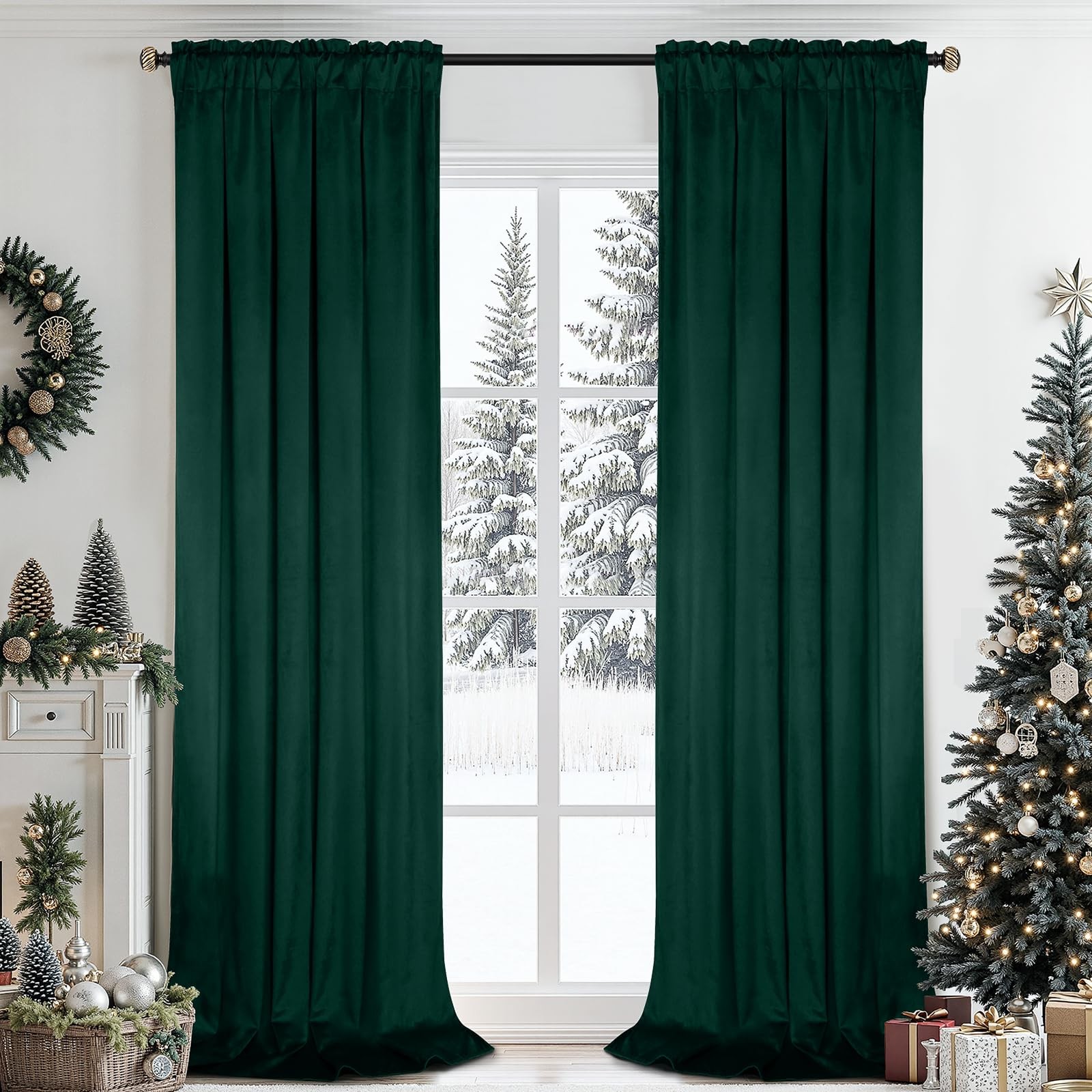 Dark Green Velvet Curtains 96 Inches for Living Room,Rod Pocket Luxury Blacko…