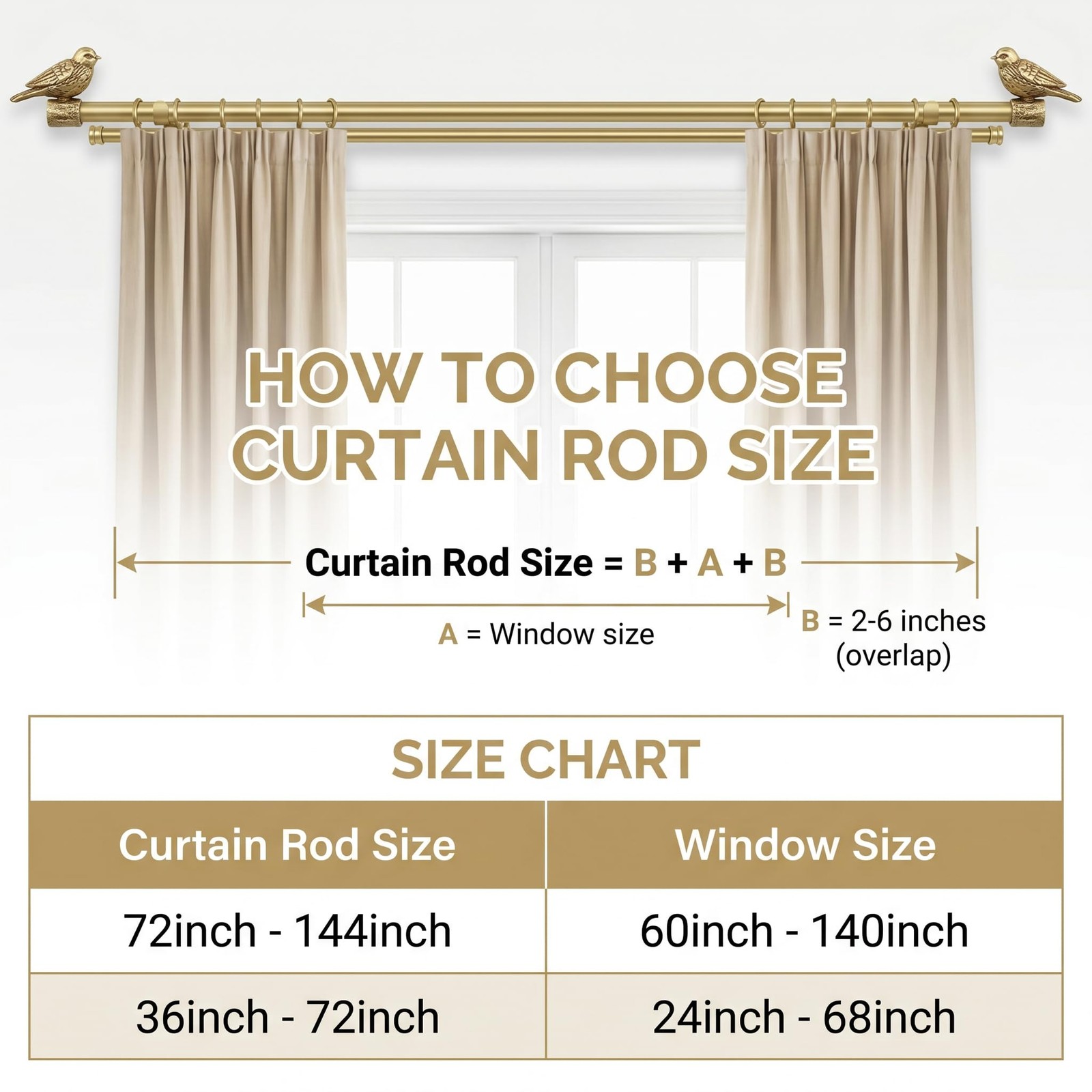 Double Curtain Rod with Bird Finial, For Window 24-68 In, Gold Drapery Rod