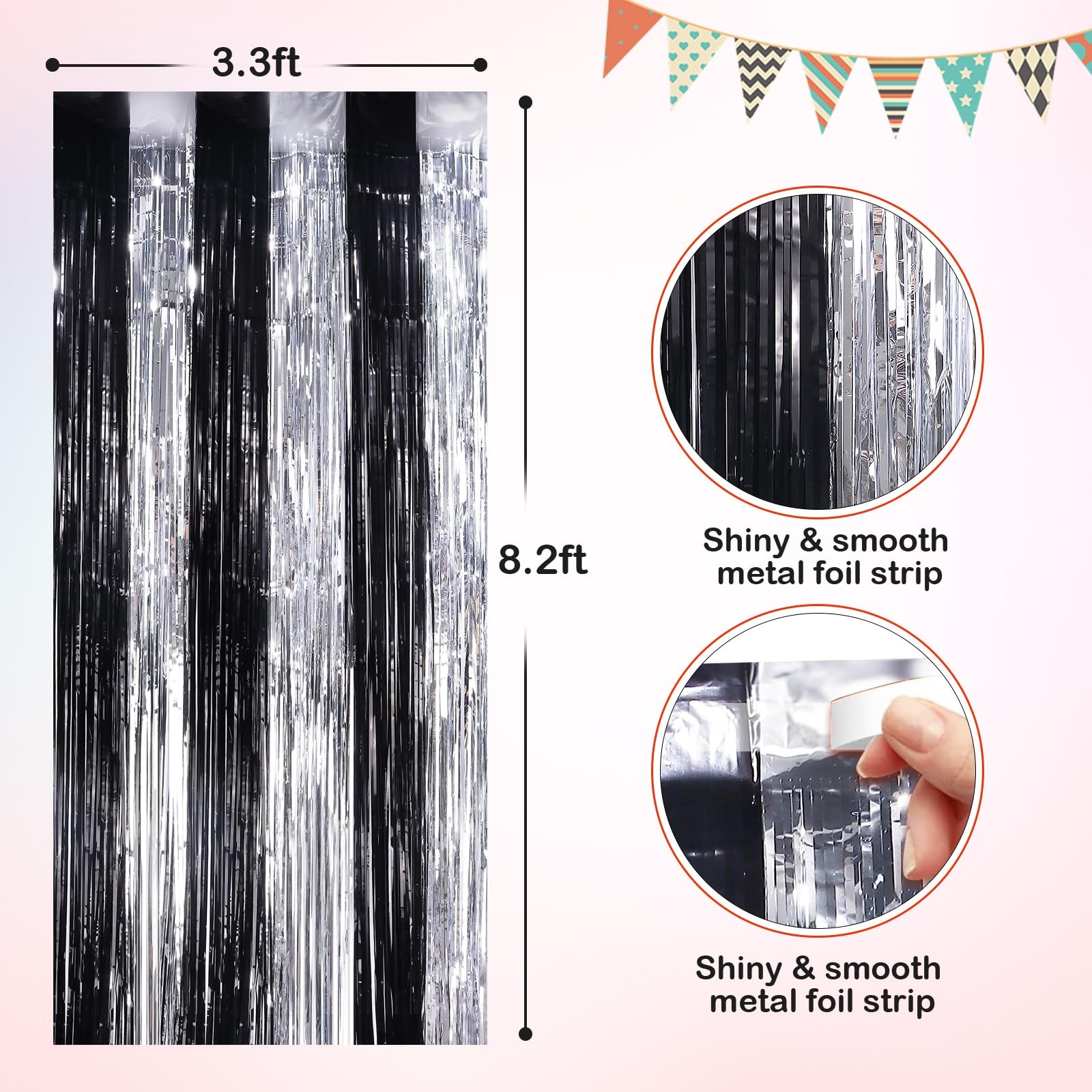 4 PCS Black Silver Metallic Tinsel Foil Fringe Curtains 3.3×8.3 FT Party Drop
