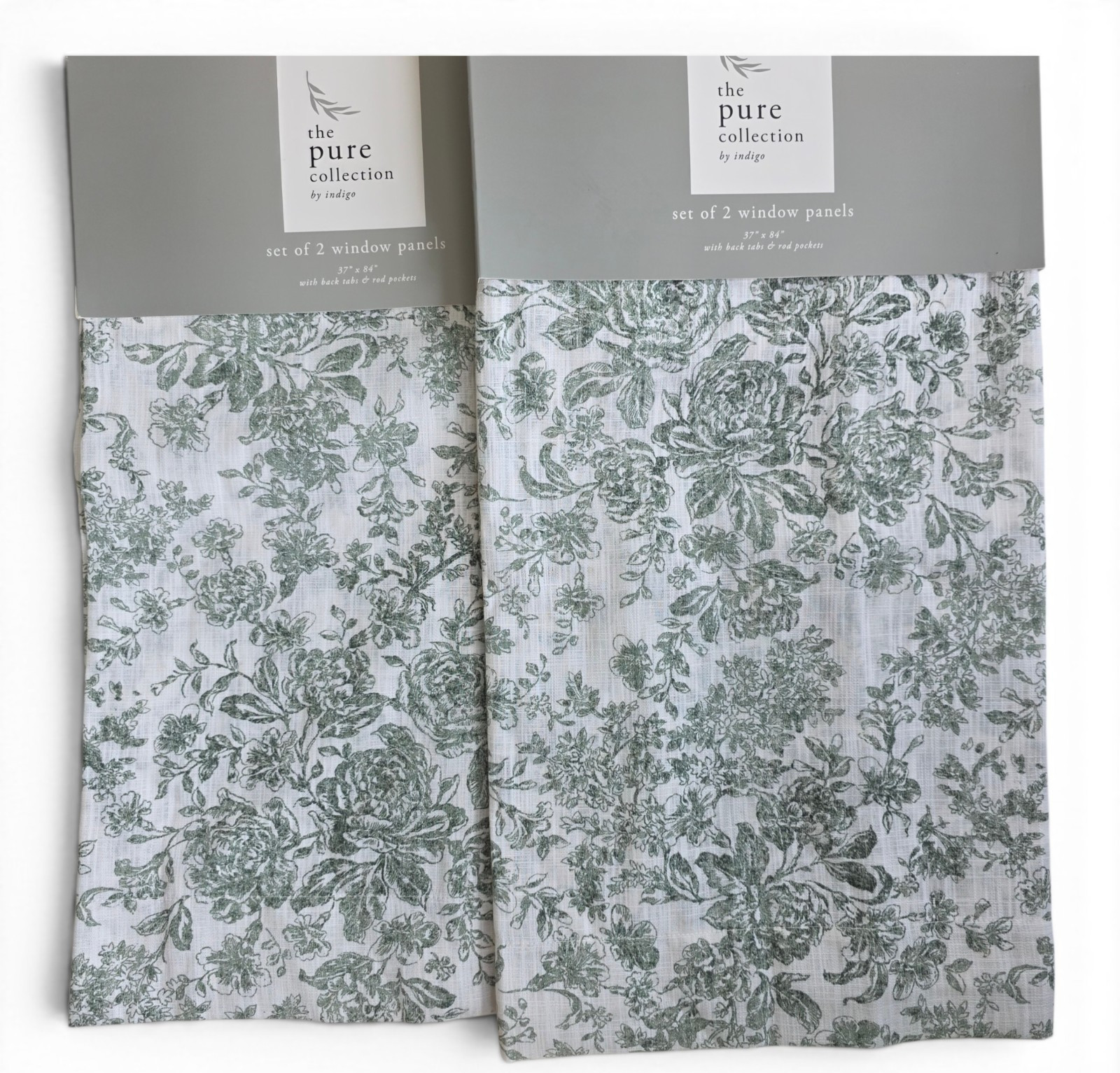 Indigo Set of 4 Curtain Panels 37×84 Green Floral White Cotton Blend