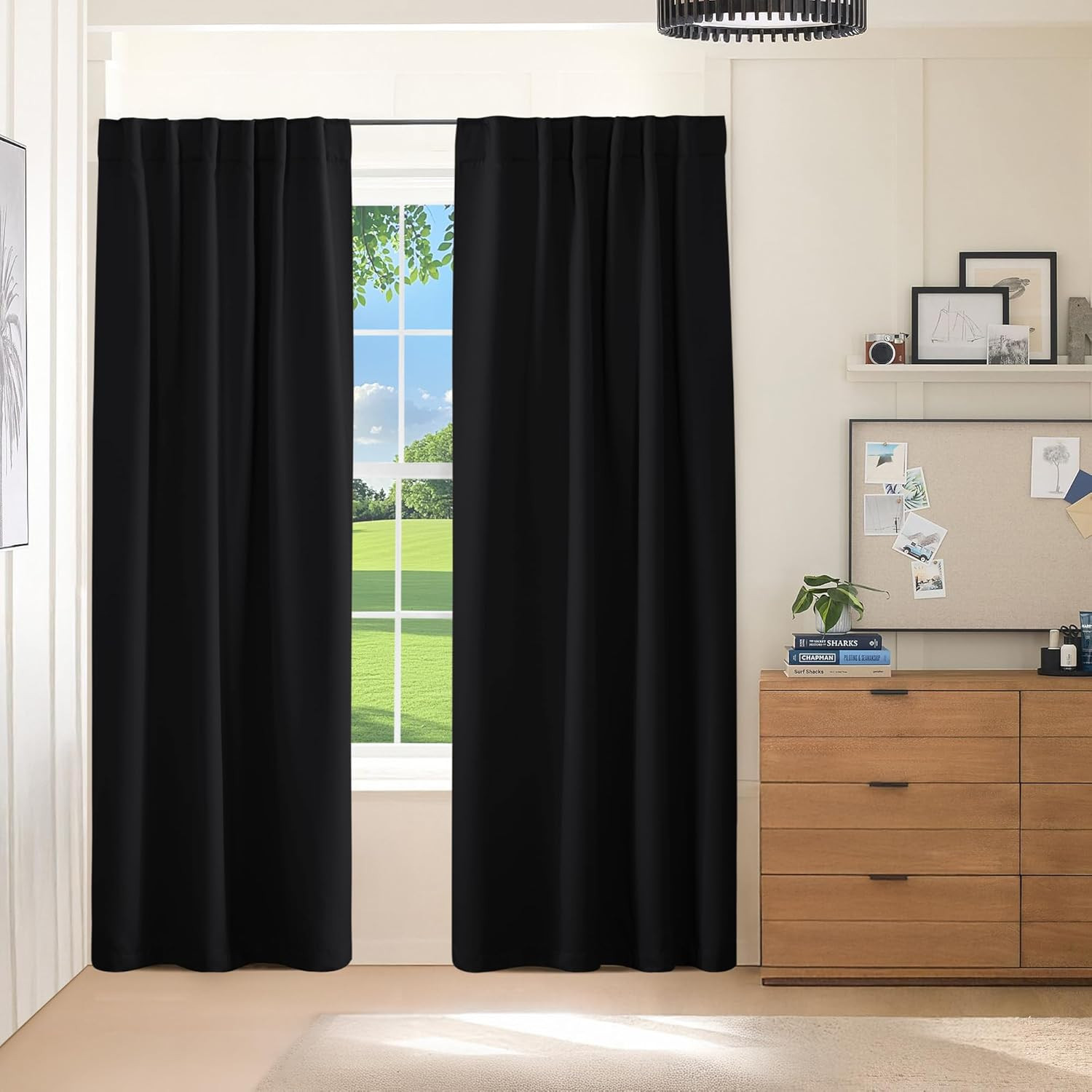 Black Blackout Curtains 96 Inch Long, Room Darkening Curtains for Bedroom, Therm