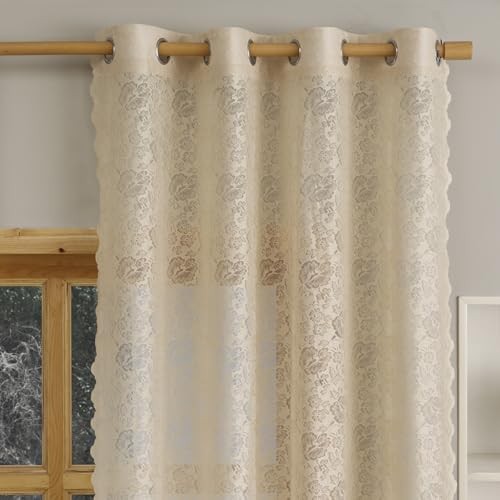 Scalloped Floral Lace Curtains- Vintage Semi 52″W x 96″L (Pack of 2) Beige