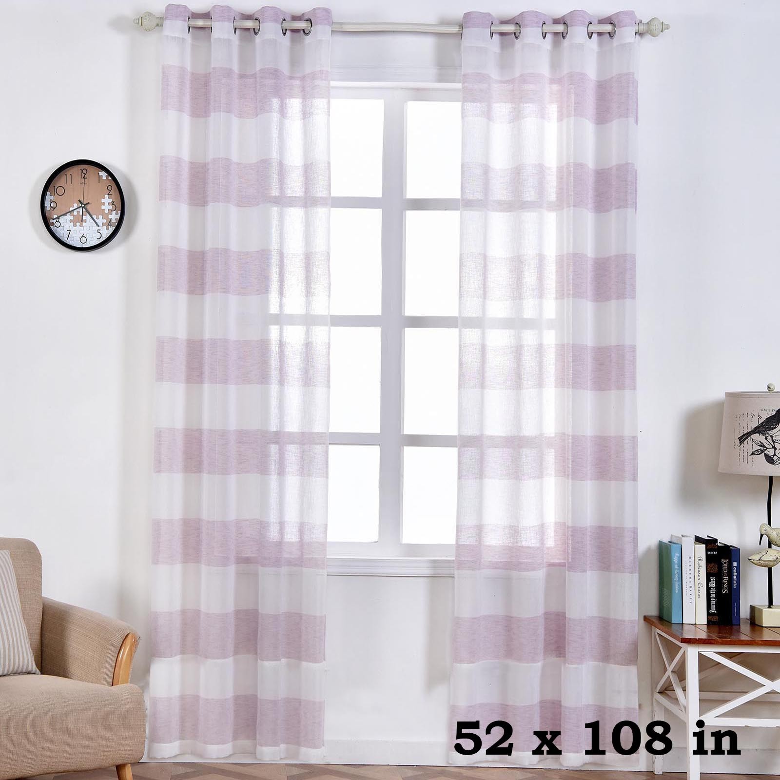2 pcs White and Lavender 52″ x 108″ Faux Linen Sheer Stripe Window CURTAINS Home