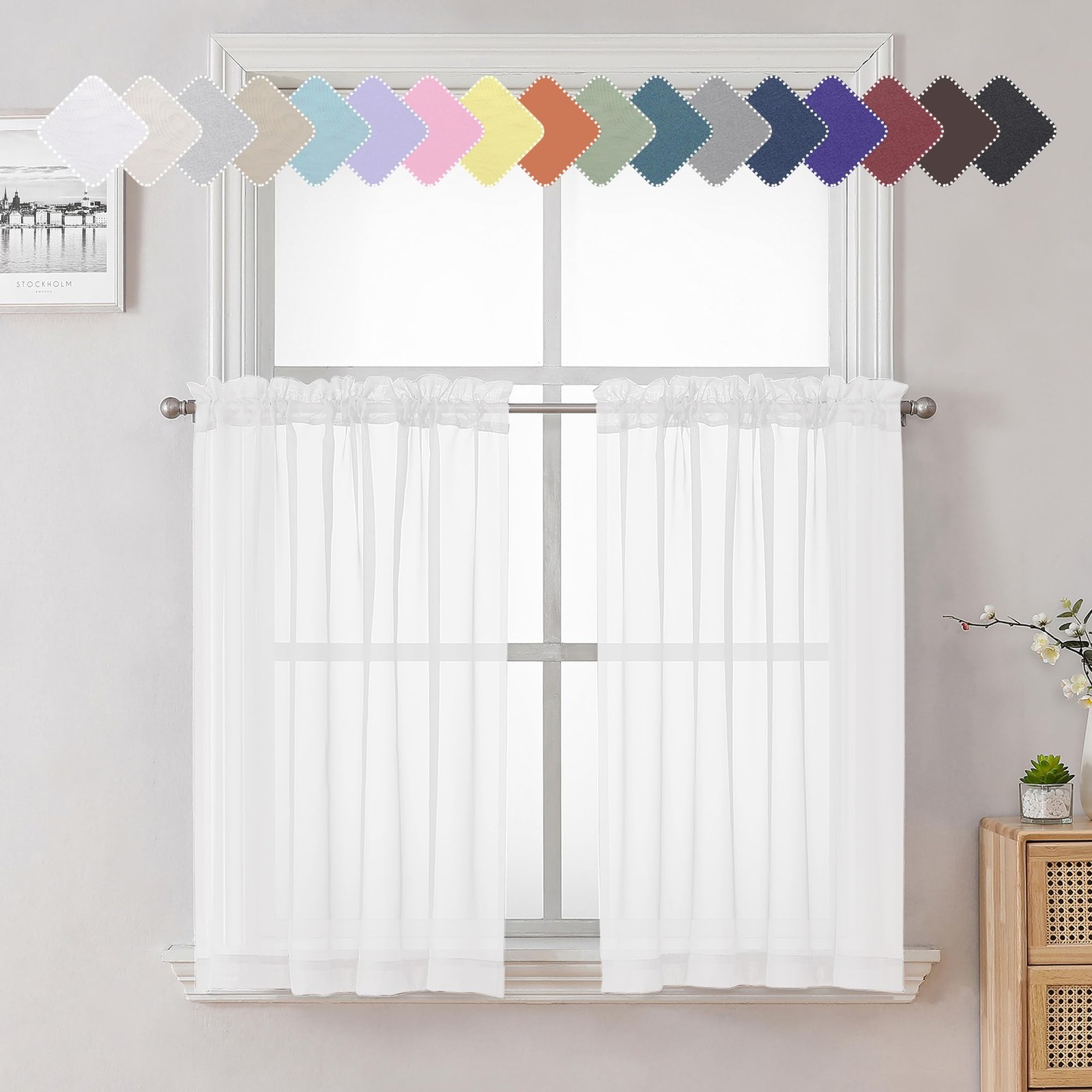 36 Inch Sheer Curtains Tiers 2 PCS with Dual Rod 40″W x 36″L (Pack of 2) White