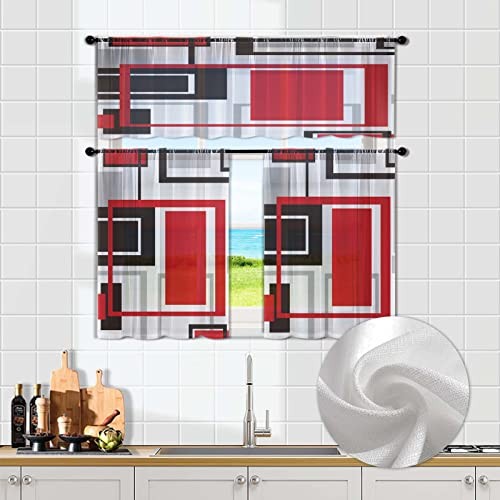 Red Kitchen Sheer Curtain Tiers and 18″W x 52″L (Pack of 3) Red Black3