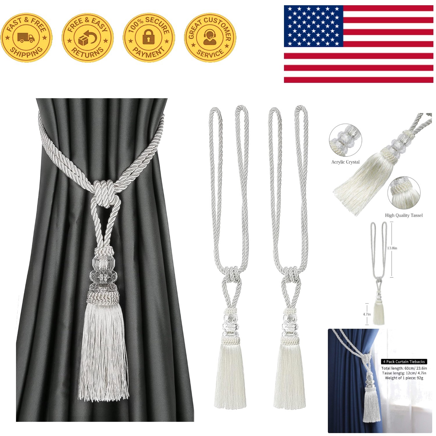 Hand-Woven White Curtain Tiebacks with Crystal Accents – 2 Pack Luxury Holdbacks