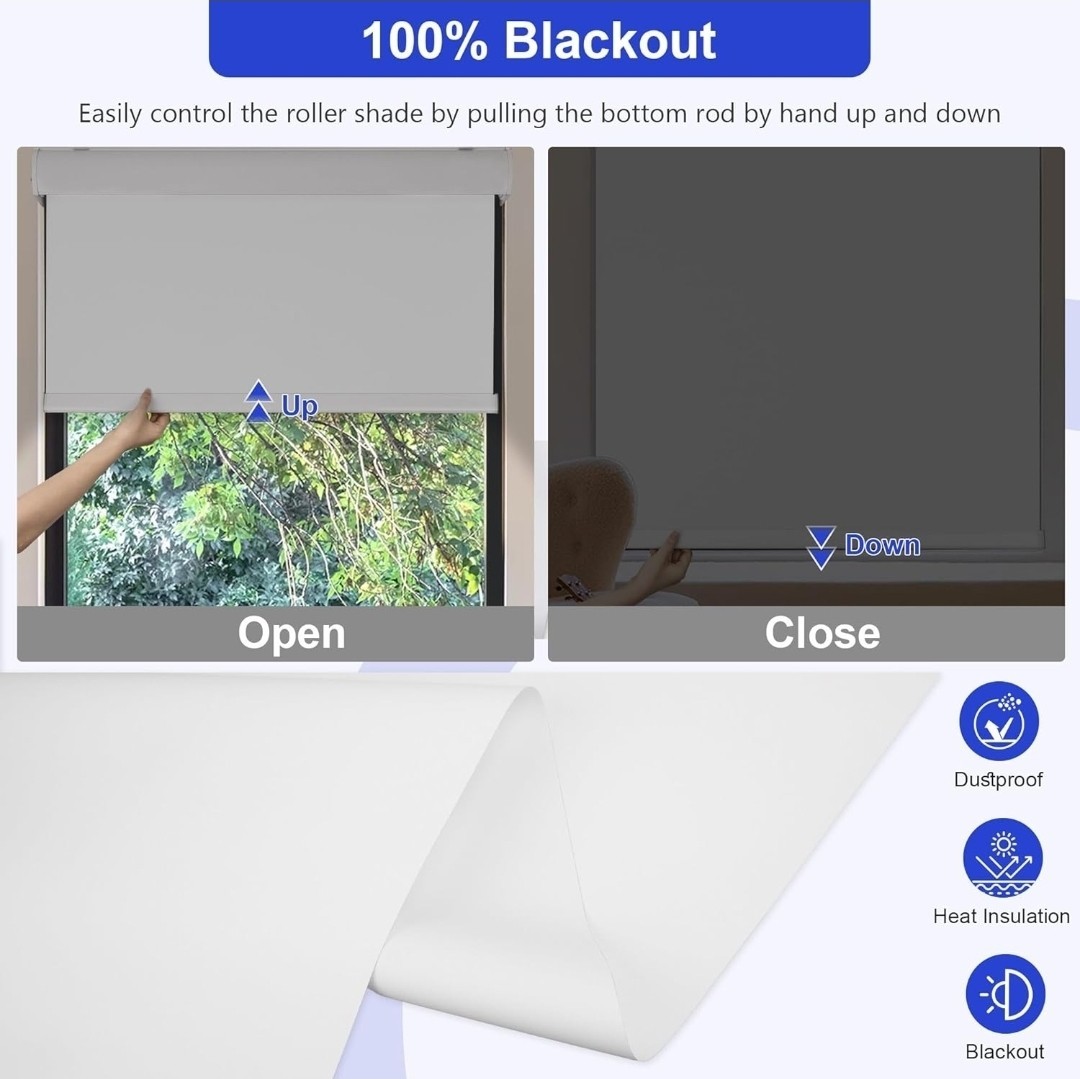 Allesin 100% Blackout Cordless Roller Shades for Windows. 46w X 72h White