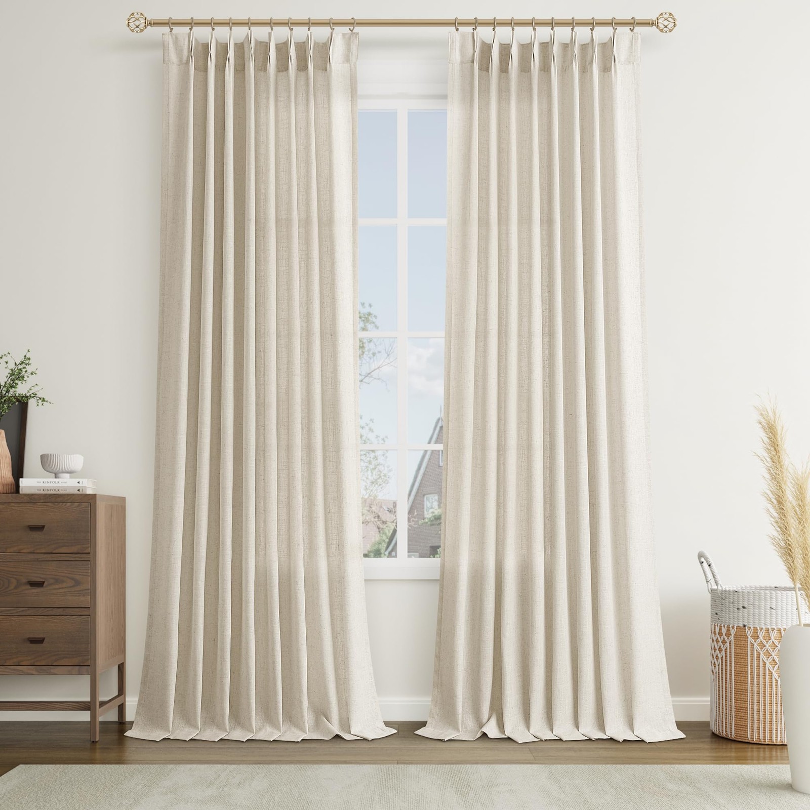 Joywell Linen Pinch Pleated Curtains 100″ Long W50 x L100 2 Panels Set