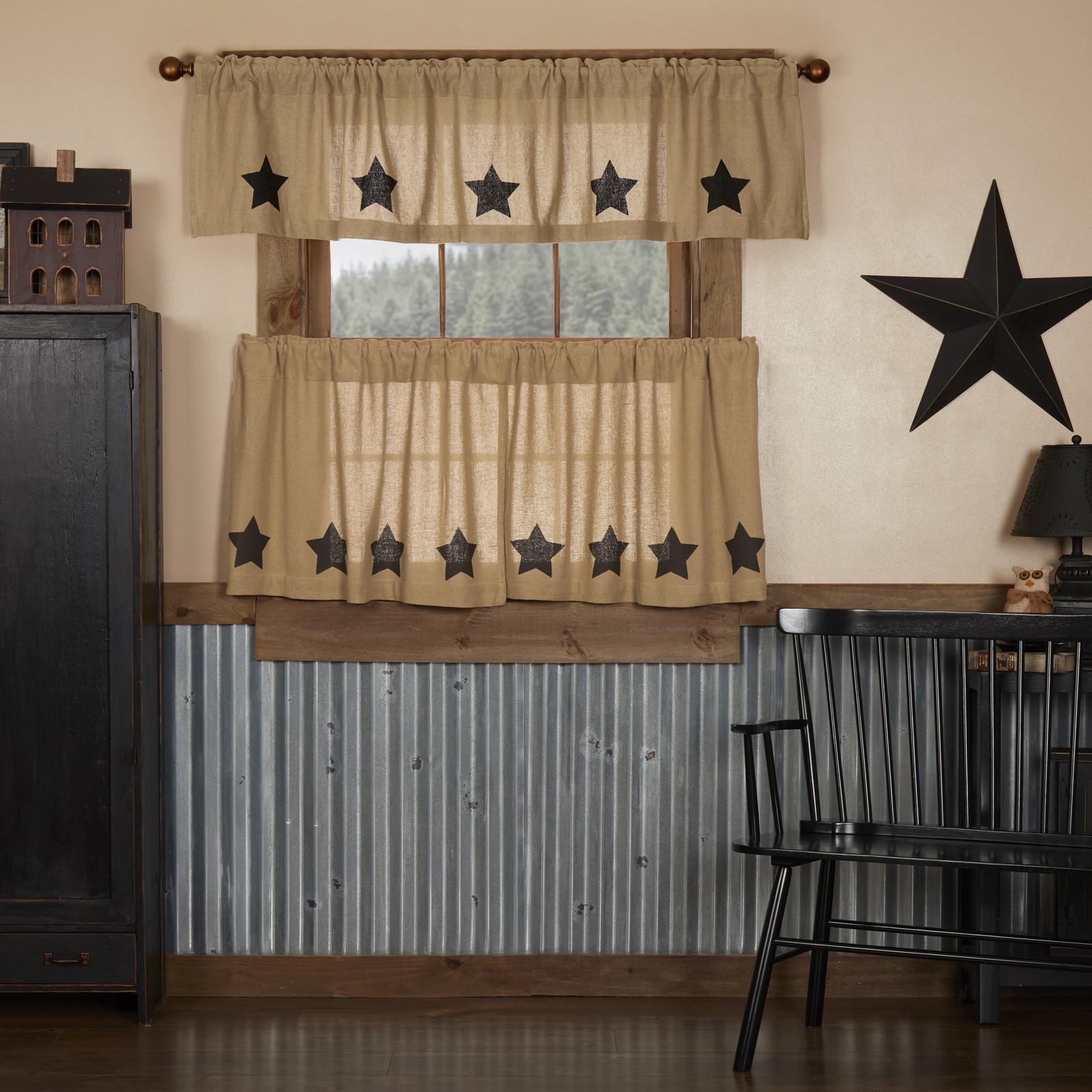 Burlap Natural with Black Stars Set (1 Valance 16×72 ; 2 Tier 24×36) VHC Brands