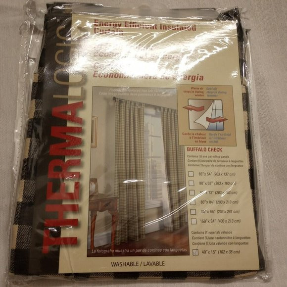 Thermalogic Check Tab-Top Valance Curtain, 15″L x 40″W – black plaid NEW