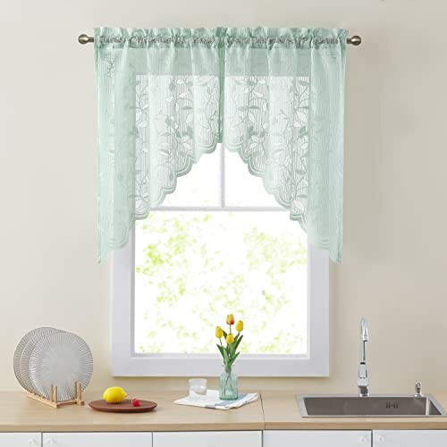 Joyce Semi Sheer Kitchen Swag Curtain 30″W x 36″L (Pack of 2) Seafoam Green