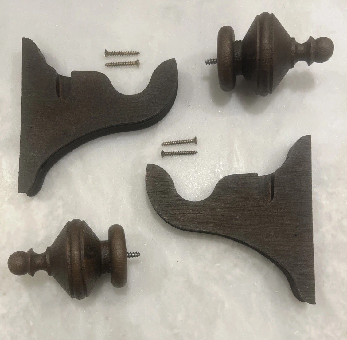 Vintage 4pc Wooden Curtain Rod Pole Holders & Finials Wall Base See Description