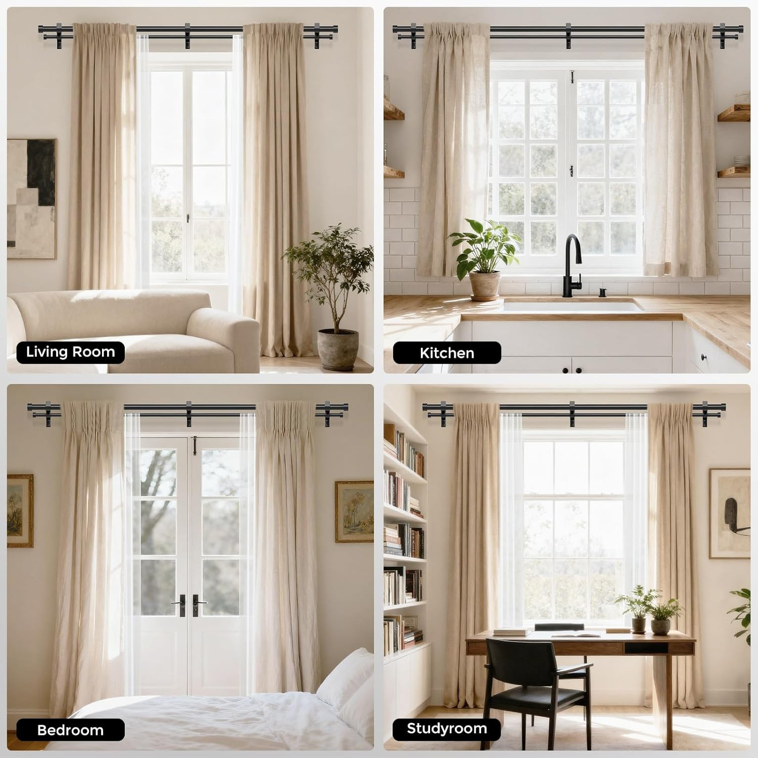 Black Double Curtain Rod, 30 to 56 Inch Dual Curtain Rods with Aluminium Modern
