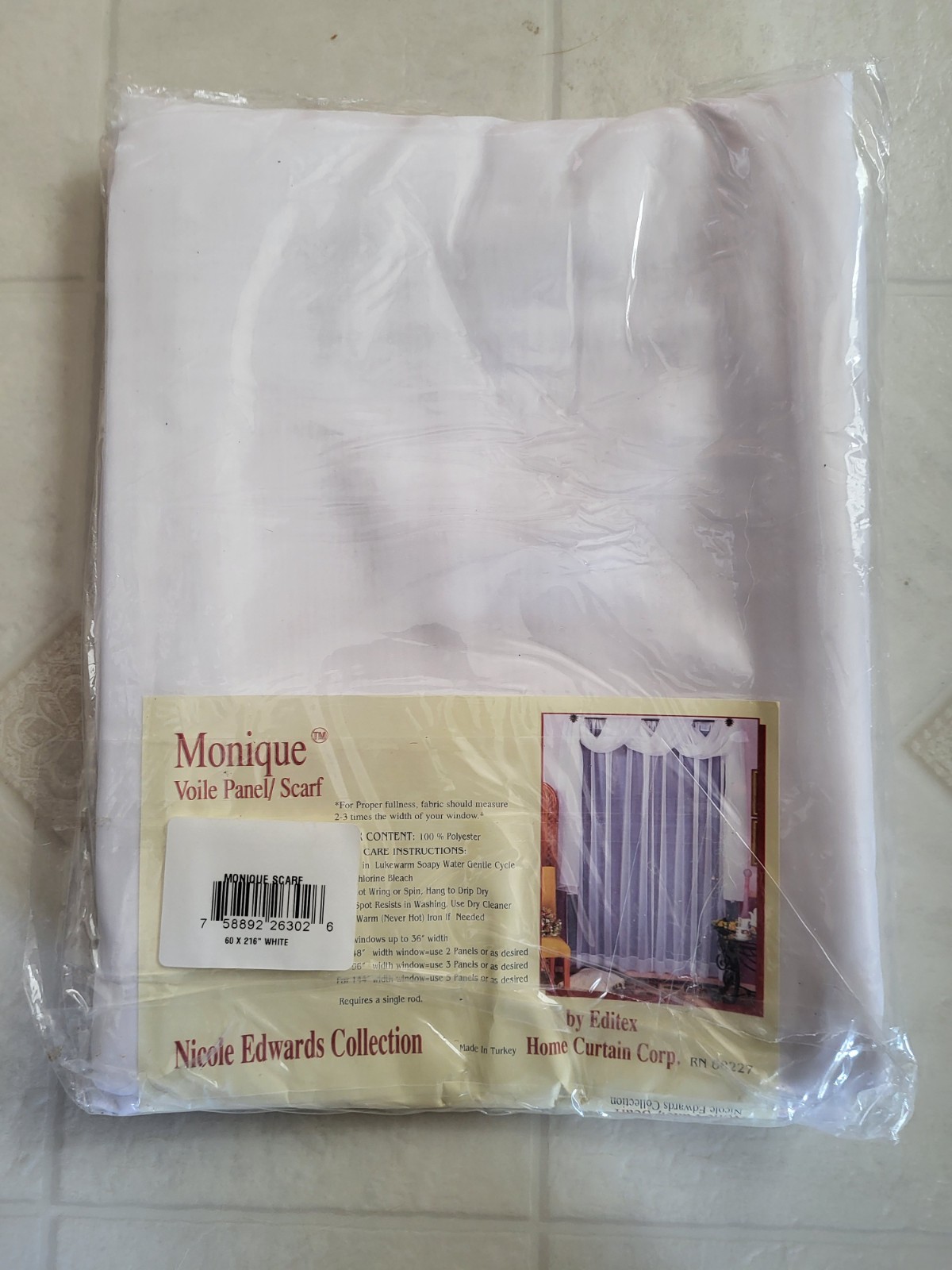 Home Curtain Corp WINDOW SCARF 60″X216″ Sheer White New