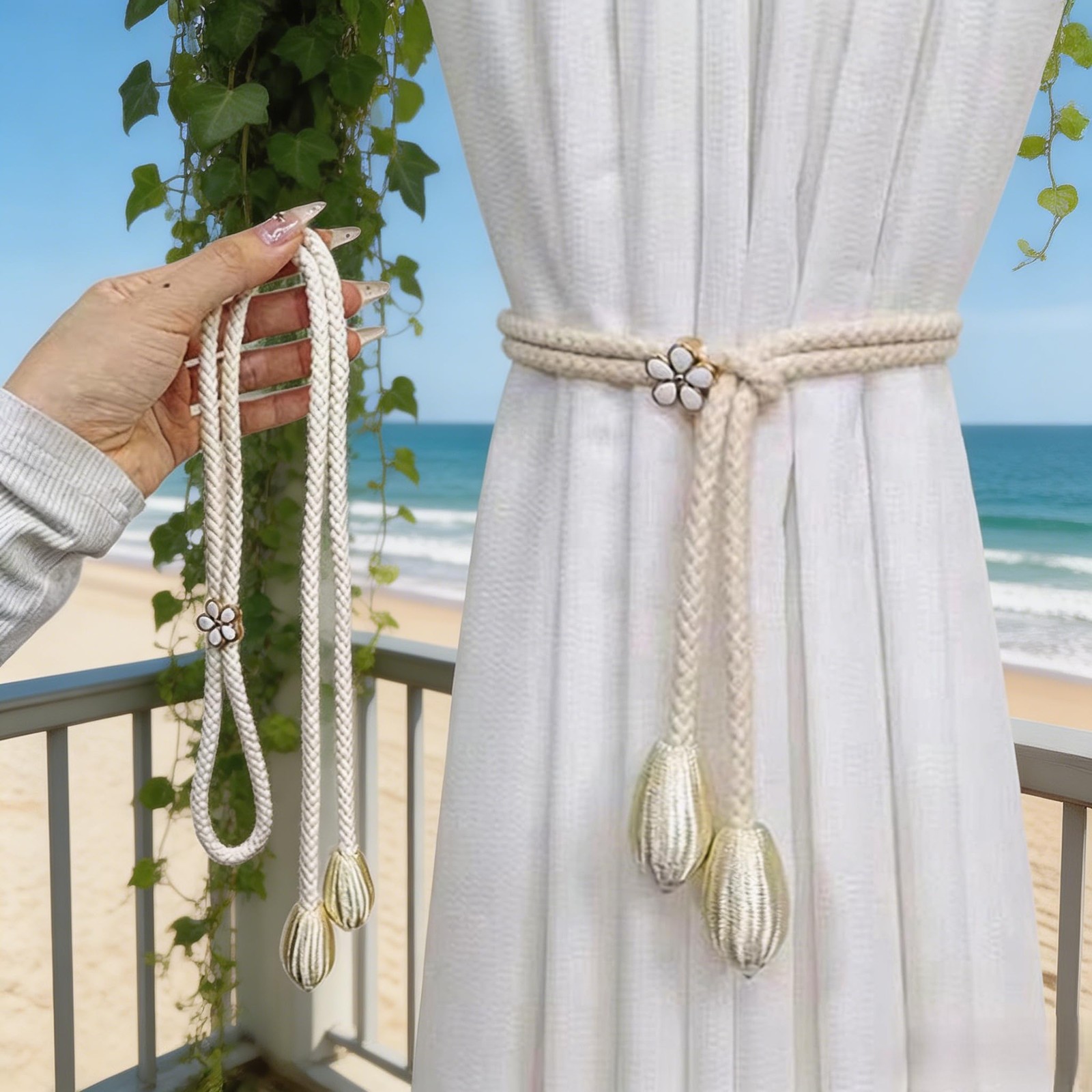 2 Pack White Cotton Curtain Tiebacks Handmade Farmhouse Curtain Holdbacks, Cu…