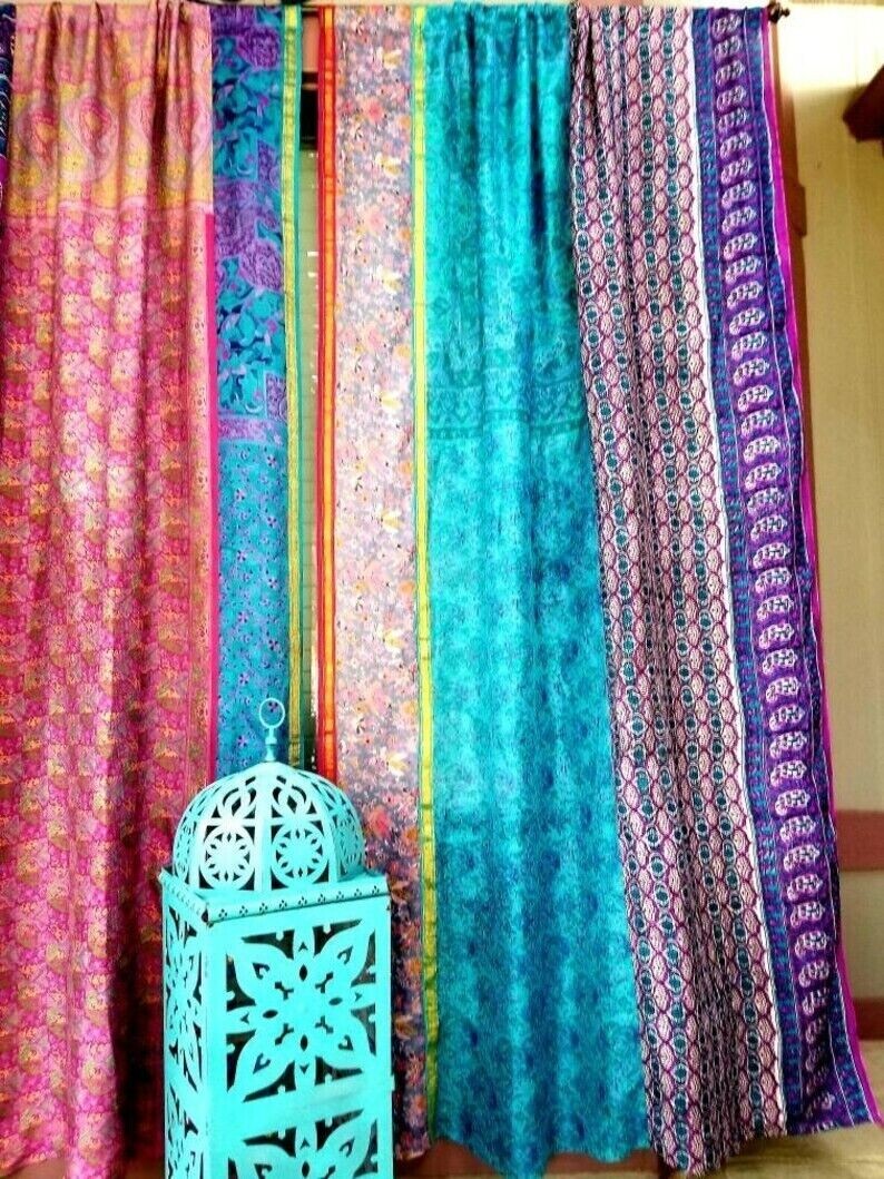 2 Pcs Indian Sari Patchwork Curtain Drape Window Decor Multi Silk Hippie Curtain
