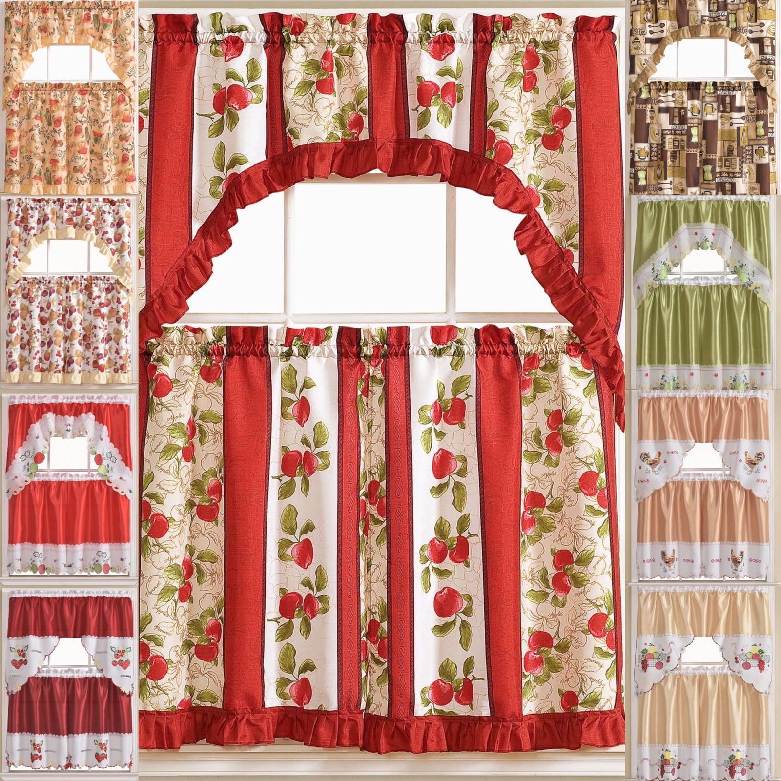 Kitchen Curtains 3 Pc. Set with Attached Valance Tier and Swag Set Red Brown