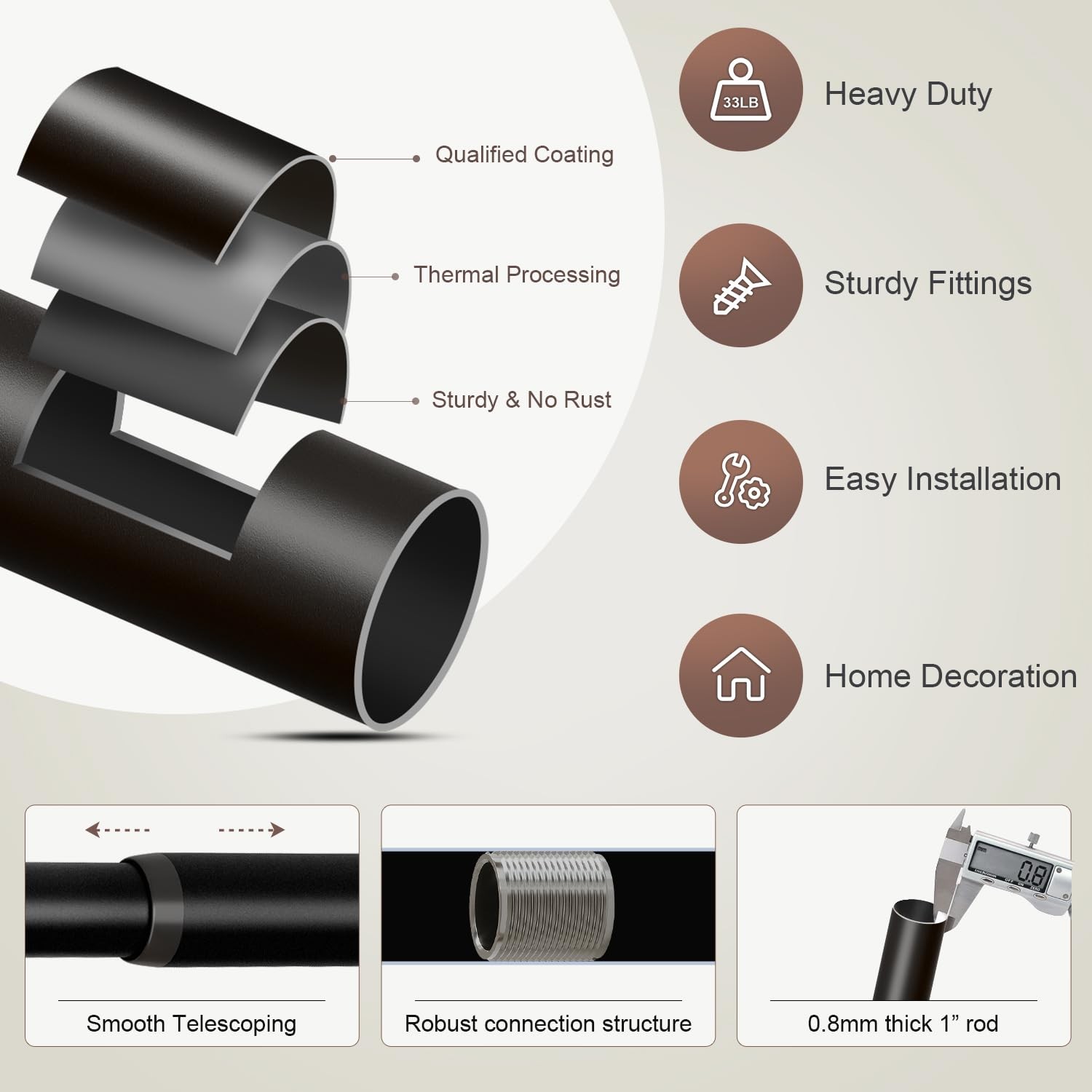 Black Curtain Rods for Windows 48 to 84 Inches Adjustable Heavy Duty 1″ Diame…