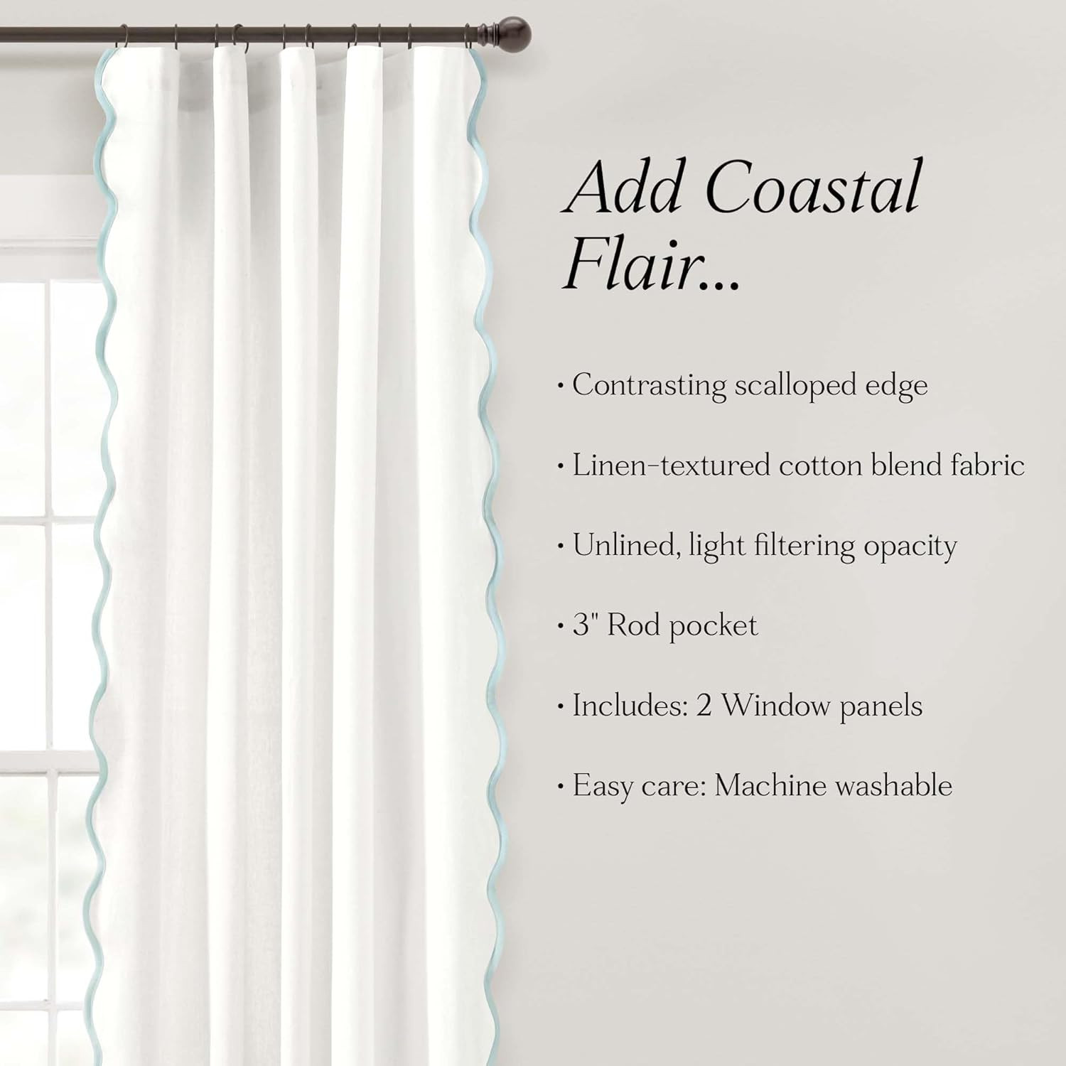 Coastal Chic Scalloped Edge Light Filtering Window Curtain Panels Pair, 52″ W X