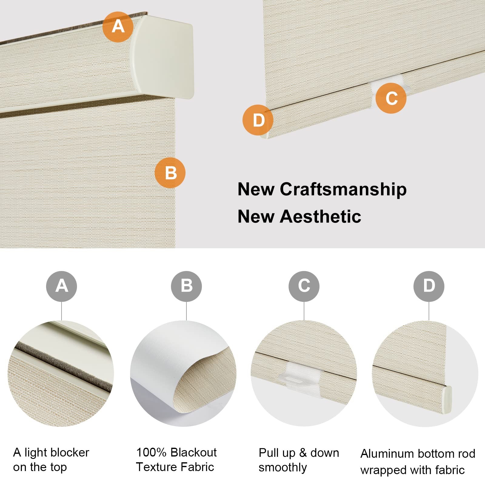 Persilux Free-Stop Blackout Cordless Roller Blinds Beige 33″W x 72″H