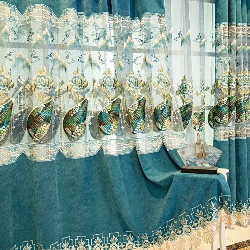 1 Panel Blackout Chenille Curtain Chinese Sealing Embroidery Sheer Tulle Home