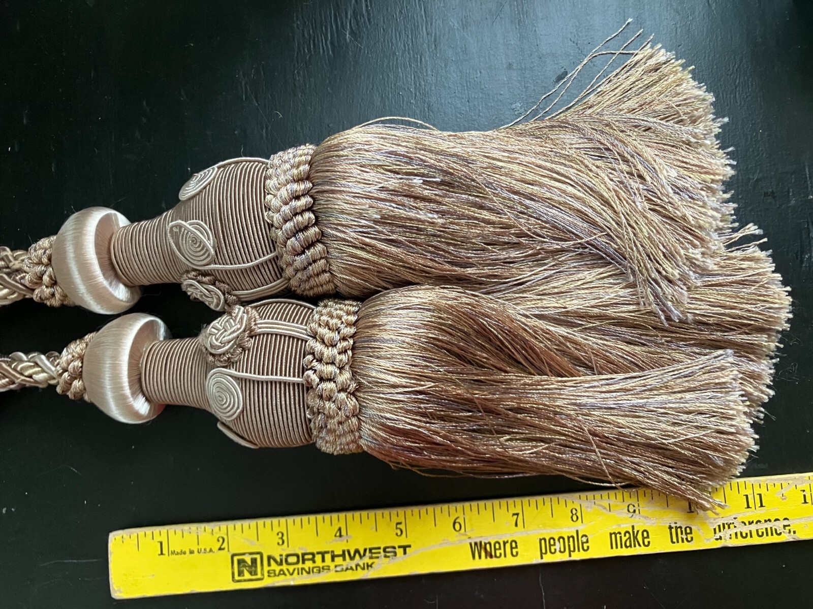 2 Huge Tassels Drapery Tiebacks 11″ Curtain Ornate Bronze Gold Metallic Satin