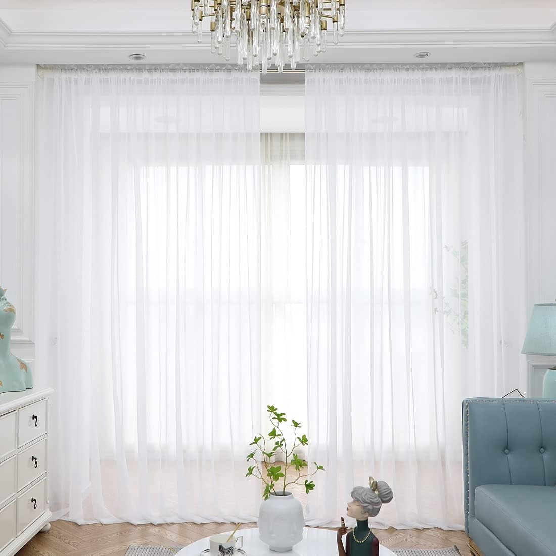 Customizable Length Sheer White Curtains – 84-Inch with Rod Pocket Style