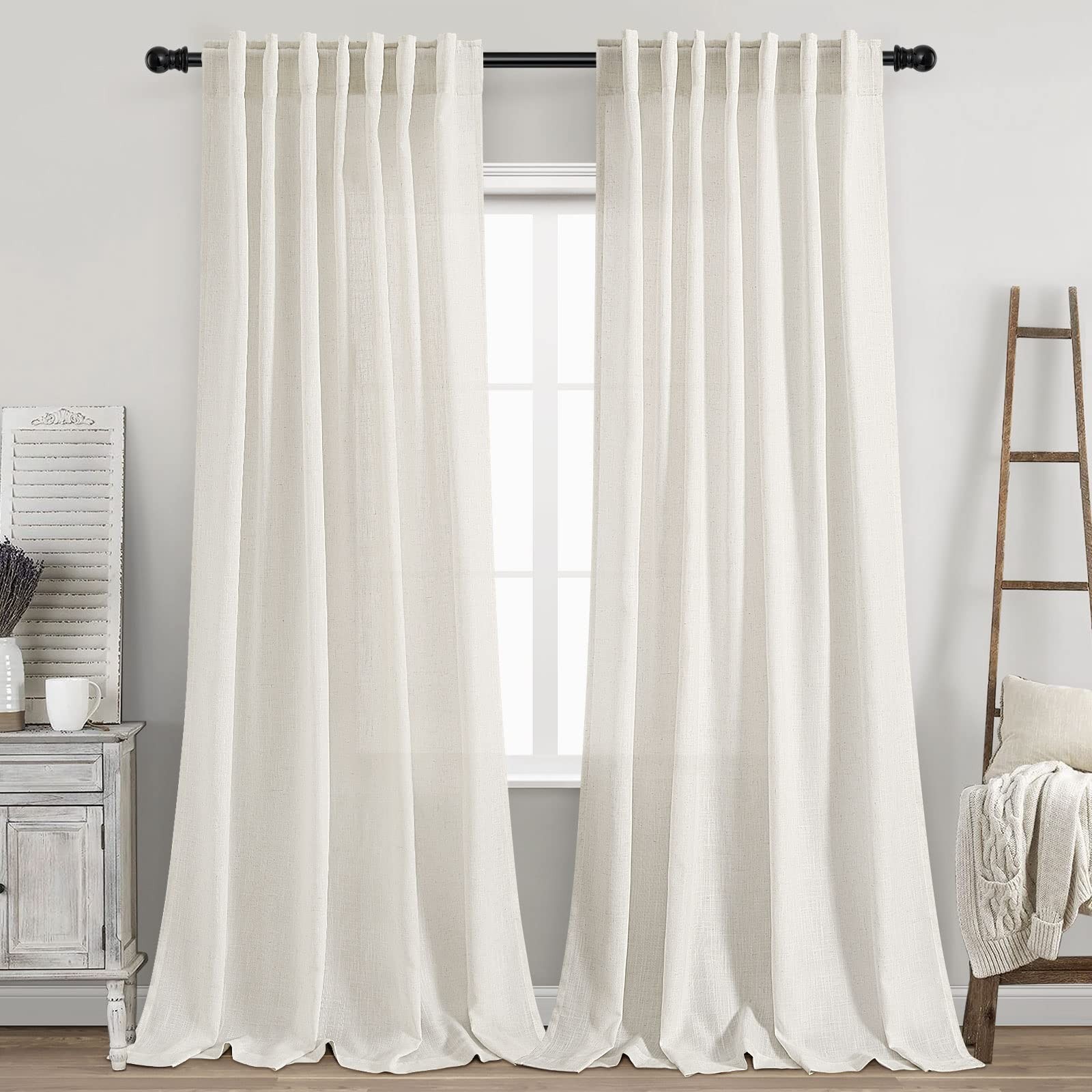 Cream Linen Curtains 99 Inches Long 2 Panels Set Back Tab Rod Pocket Semi Sheer