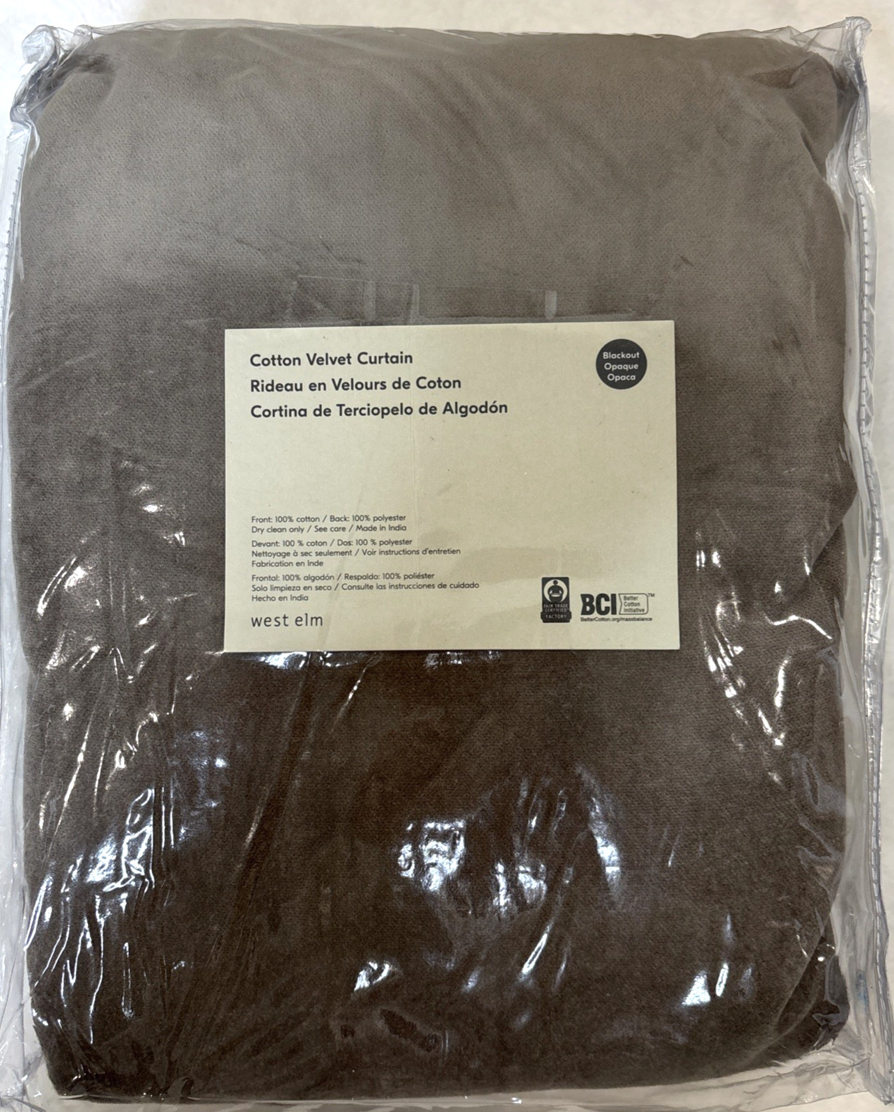 New West Elm Cotton Velvet Blackout Curtain Drape 48×108” Mocha, 1 Panel New