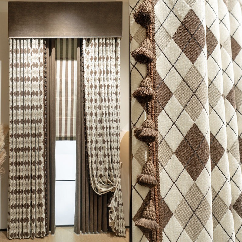 chenille modern minimalist valance cloth grid shade curtain tulle M1868