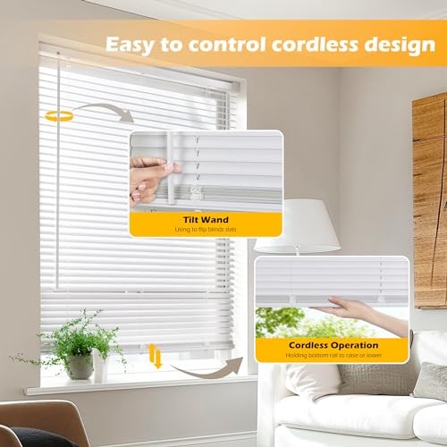 Cordless 1″ Vinyl Mini Blinds for Indoor Windows – Light 27″ W x 64″ H White