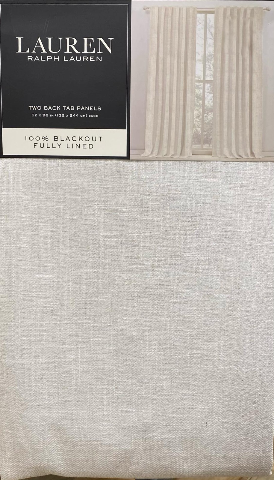 Ralph Lauren 52 x 96 Linen Herringbone Beige Natural Blackout Curtains Back Tab