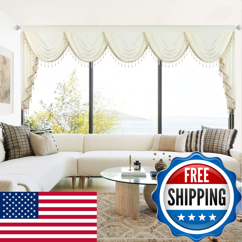 Leeva 138 Extra Wide Beige Waterfall Valance Luxury Voile Swag Beaded Tassels
