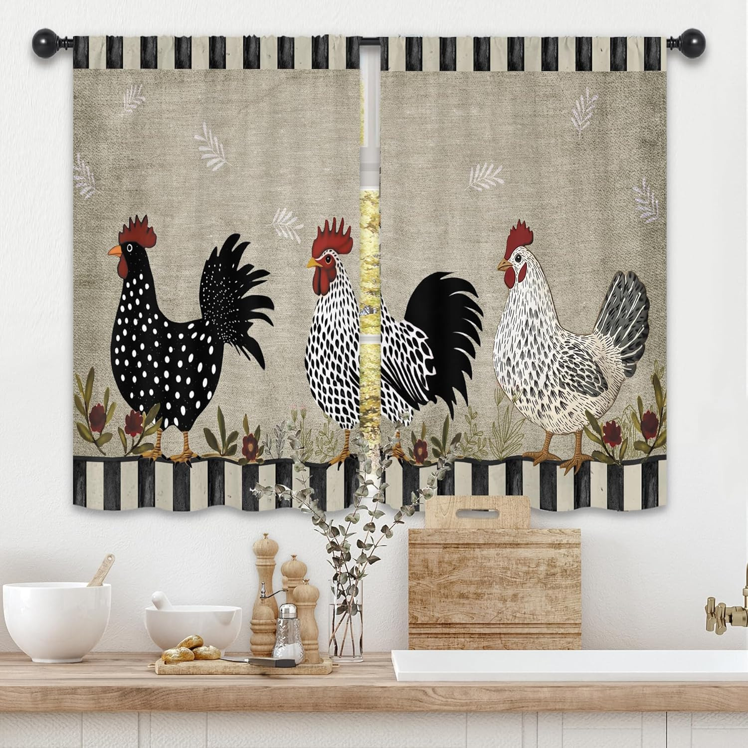 Rustic Farmhouse Rooster Kitchen Curtains 27.5W X 39L Inch Chicken Farm Country