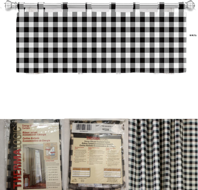 Thermalogic Check Tab-Top Valance Curtain, 15″L x 40″W – black plaid NEW