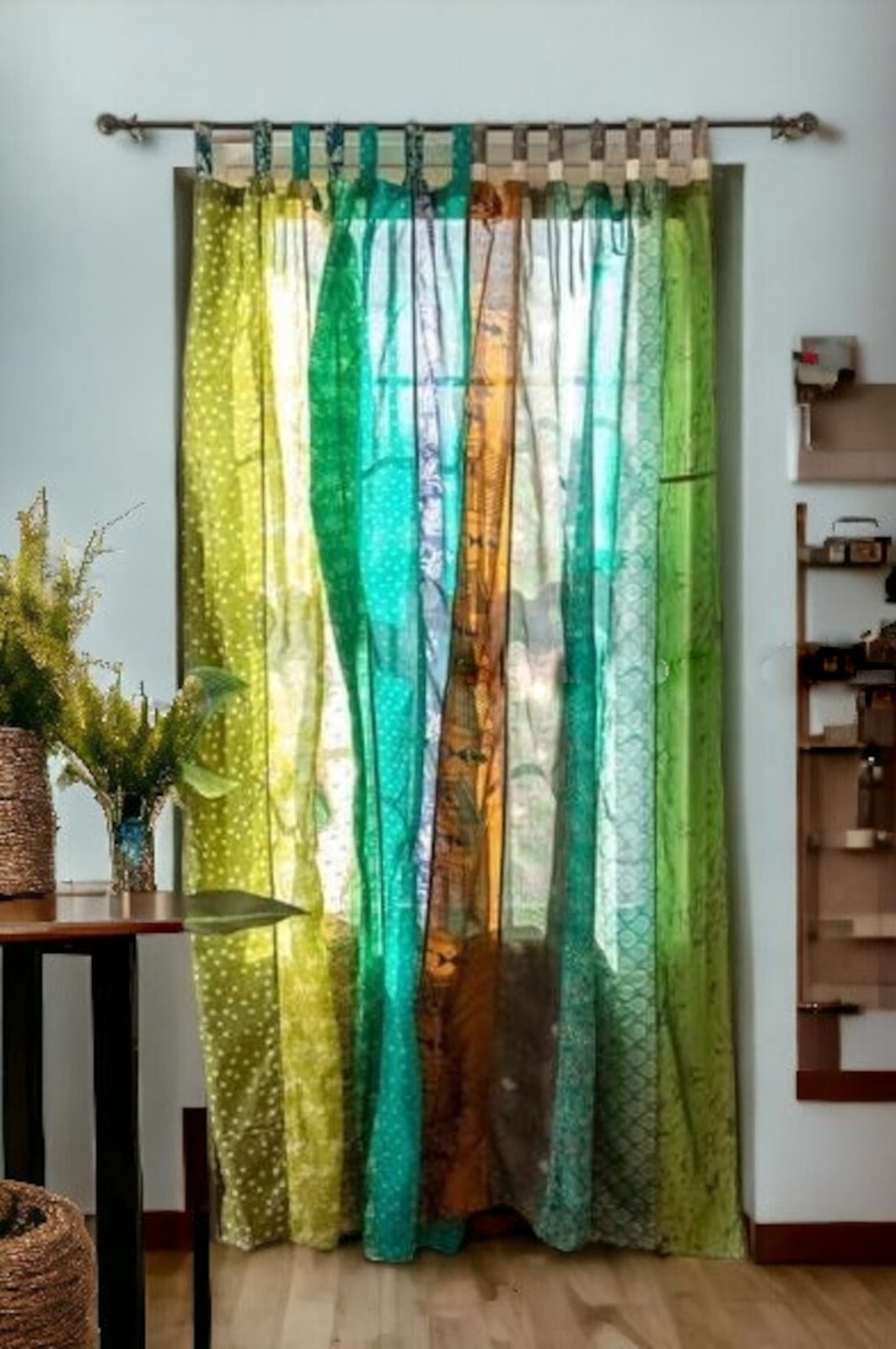 2 Pc Indian Old Recycle Silk Saree Boho Multi Curtain Door Drape Decor Curtain