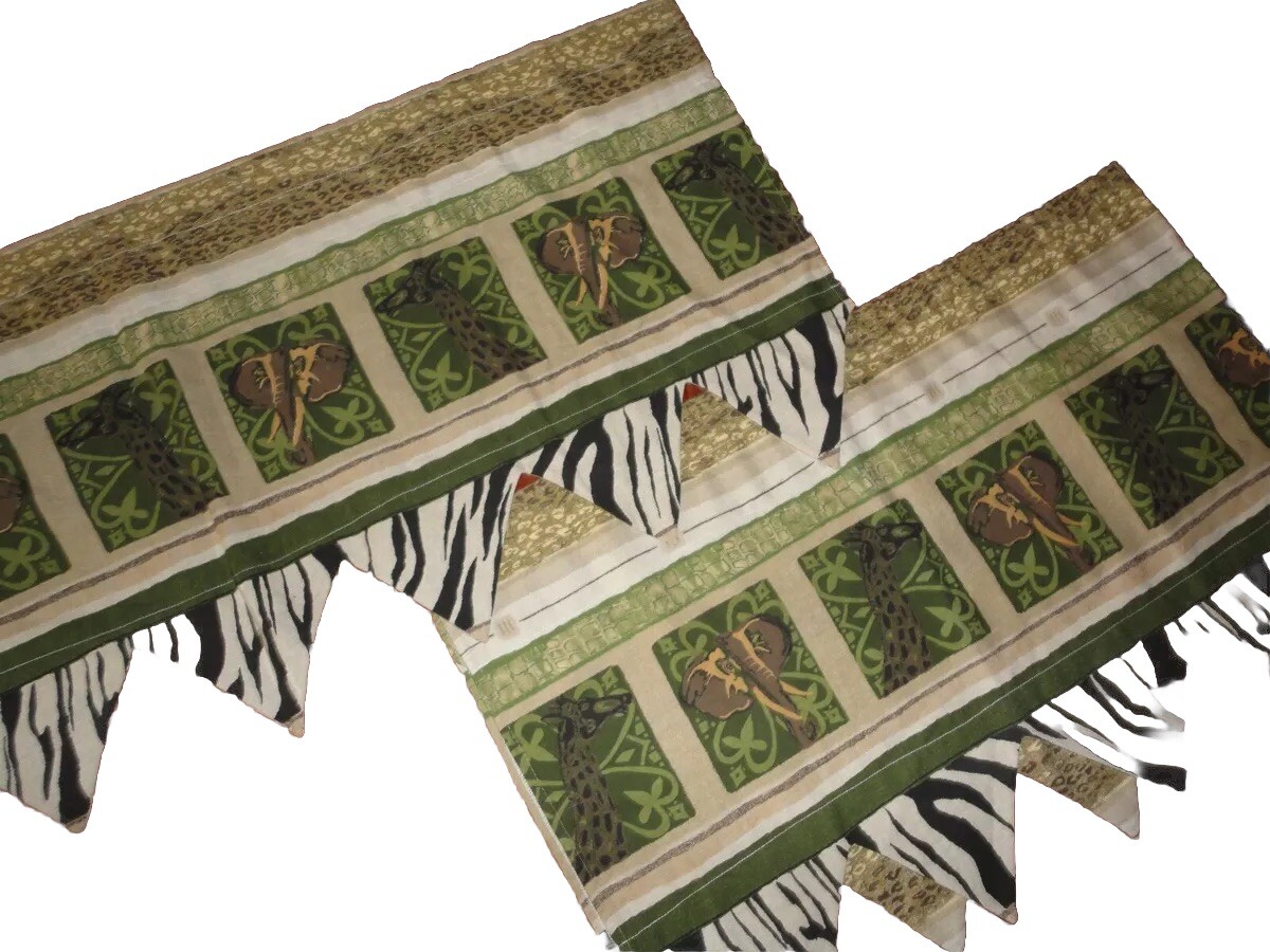CUSTOM SAFARI JUNGLE ELEPHANTS GIRAFFES LEOPARD ZEBRA GREEN BLACK (2) VALANCES
