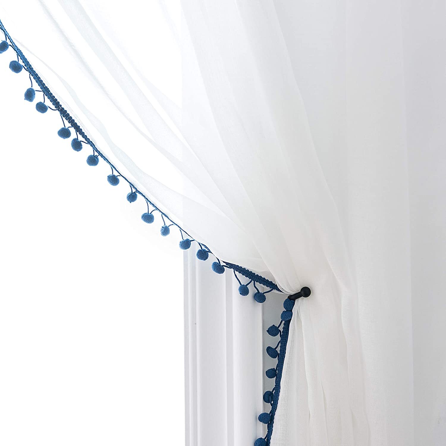 Set 2 Sheer White Blue Pom Pom Trim Curtains Panels Drapes 63 72 84 95 108 in L
