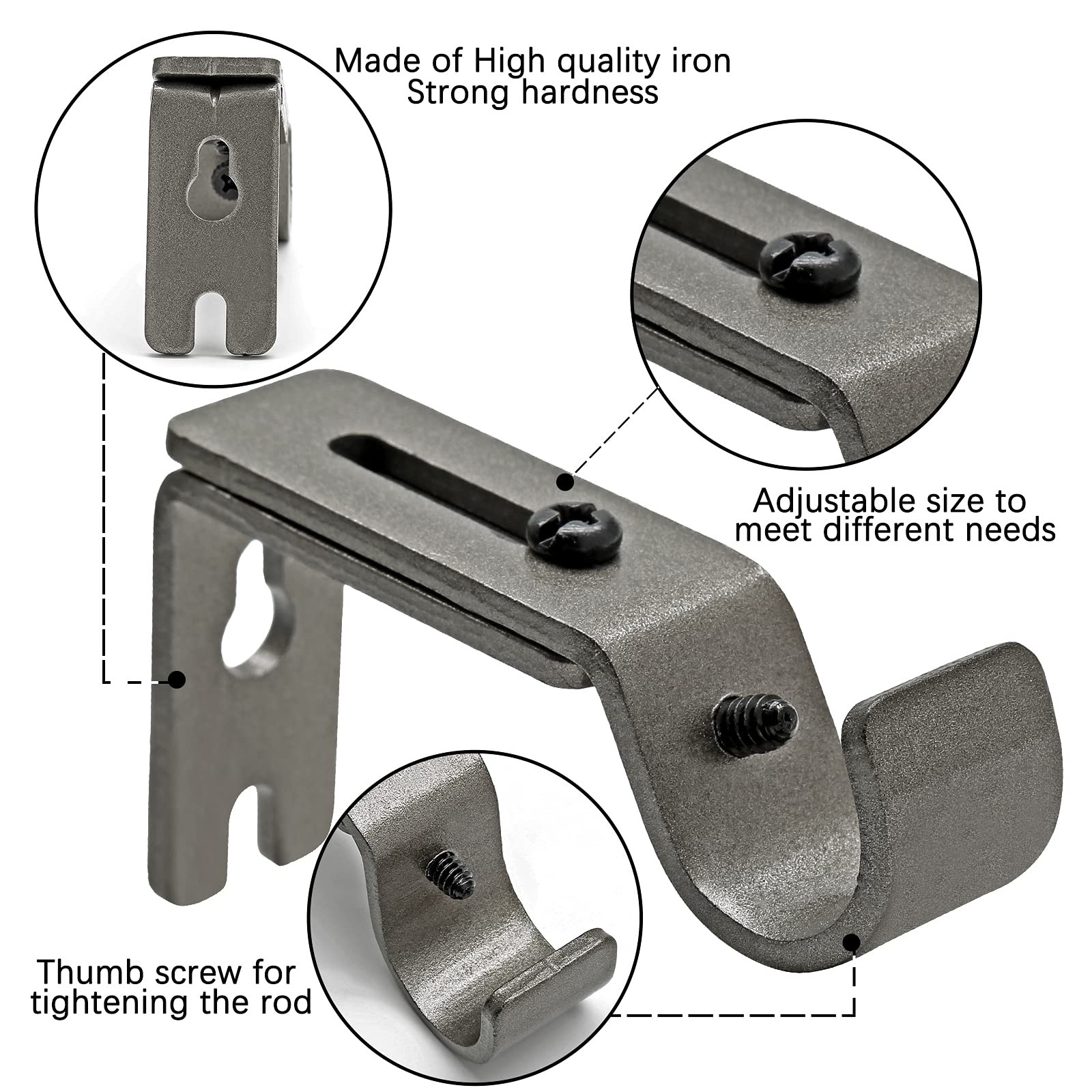4 PCS Silver Gray Heavy Duty Adjustable Curtain Rod Brackets 5/8 to 3/4 Inch